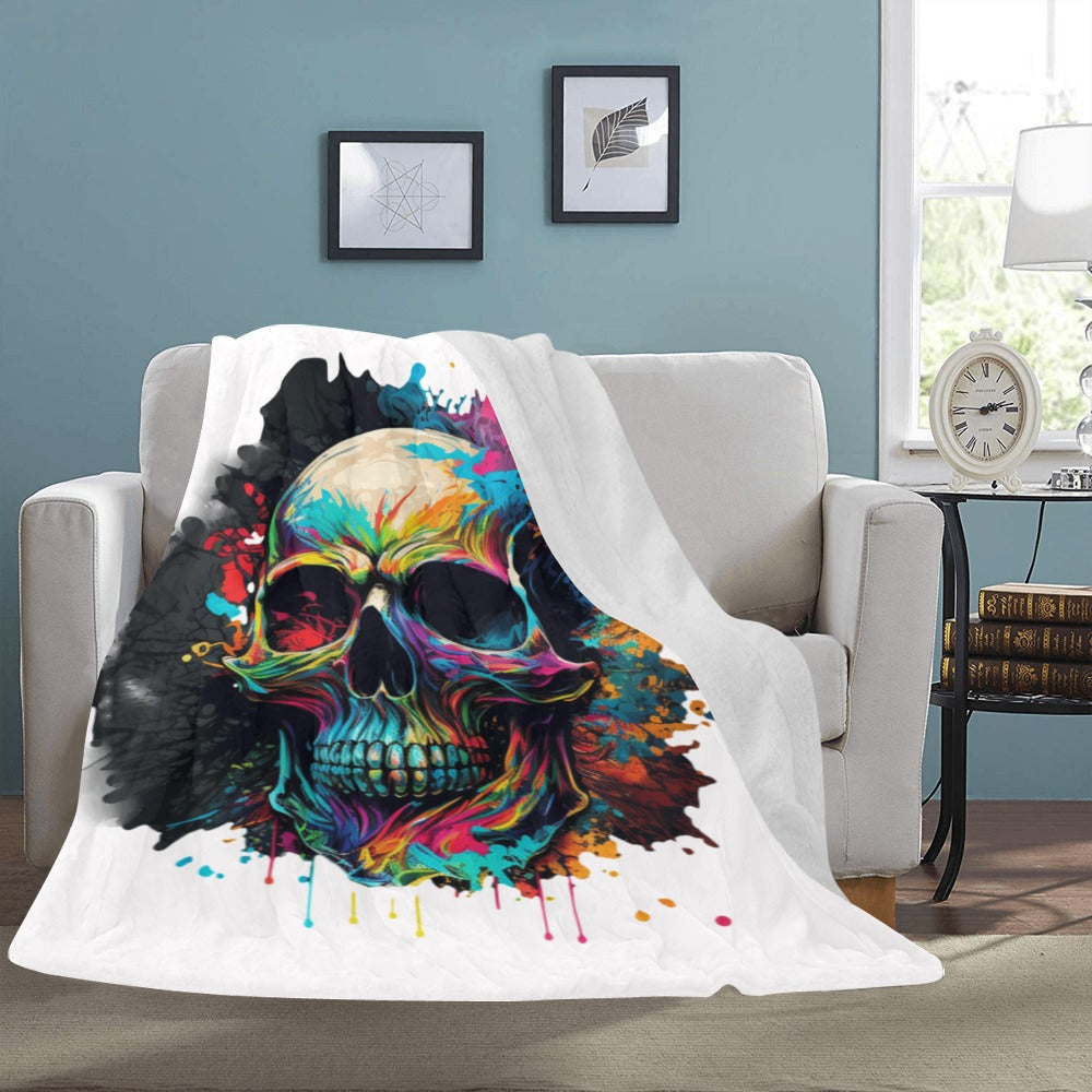 Cozy Fleece Blanket with Vibrant Watercolor Skull Design