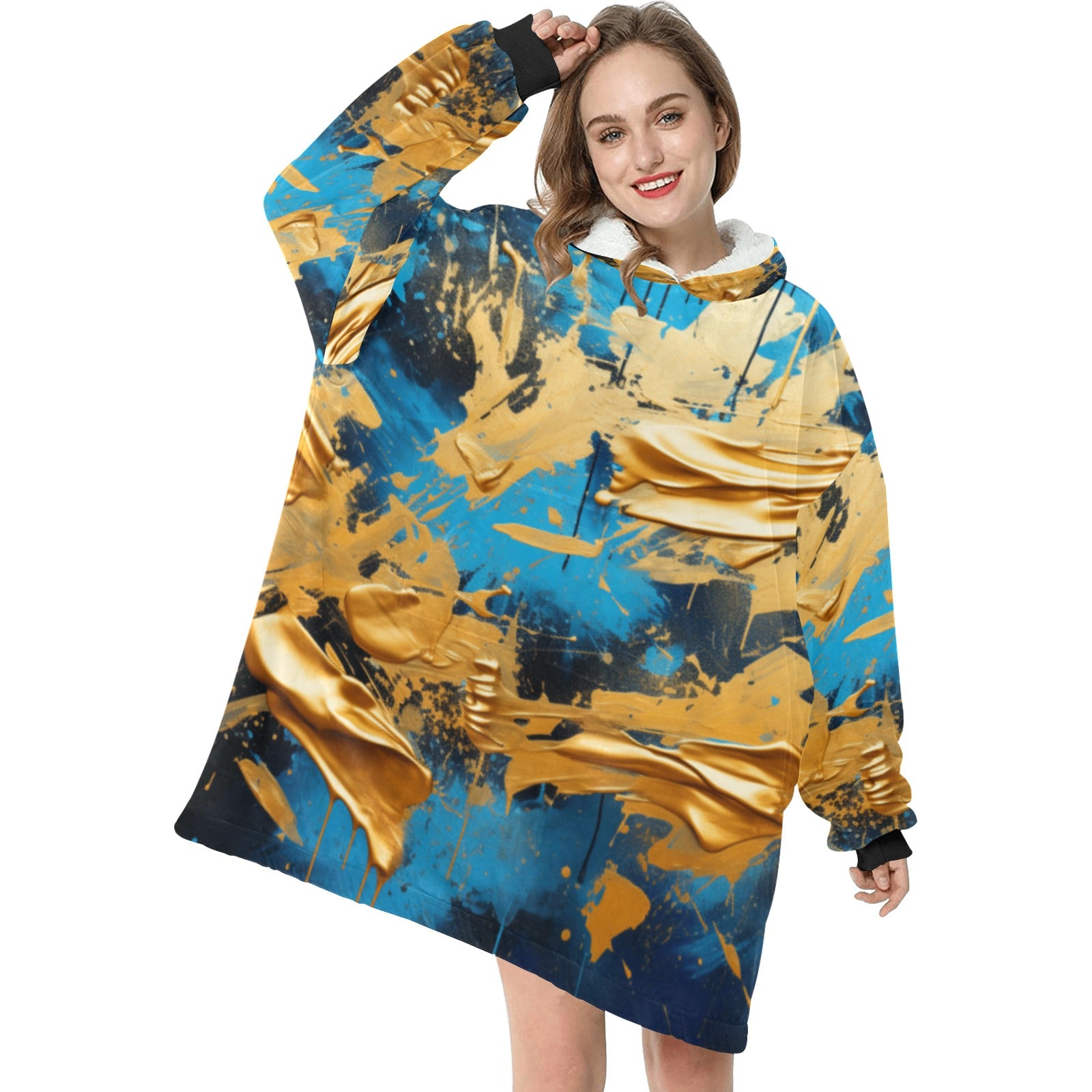 Blue and Gold Paint Blanket Hoodie for Women - Cranberry Lake Design Co.  #