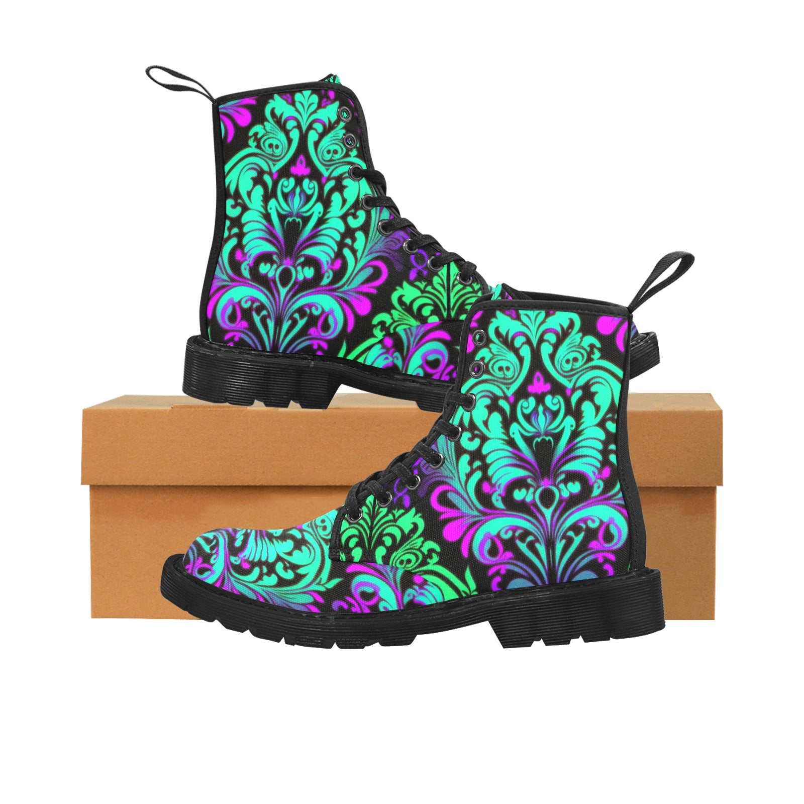 Neon Vintage Turquoise Purple Women's Lace Up Canvas Boots - Black - Cranberry Lake Design Co.  #