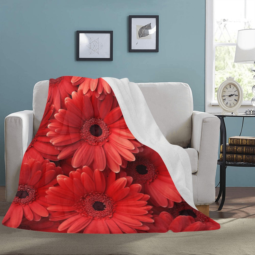 Twin Size Fleece Blanket with Vibrant Red Gerbera Daisies