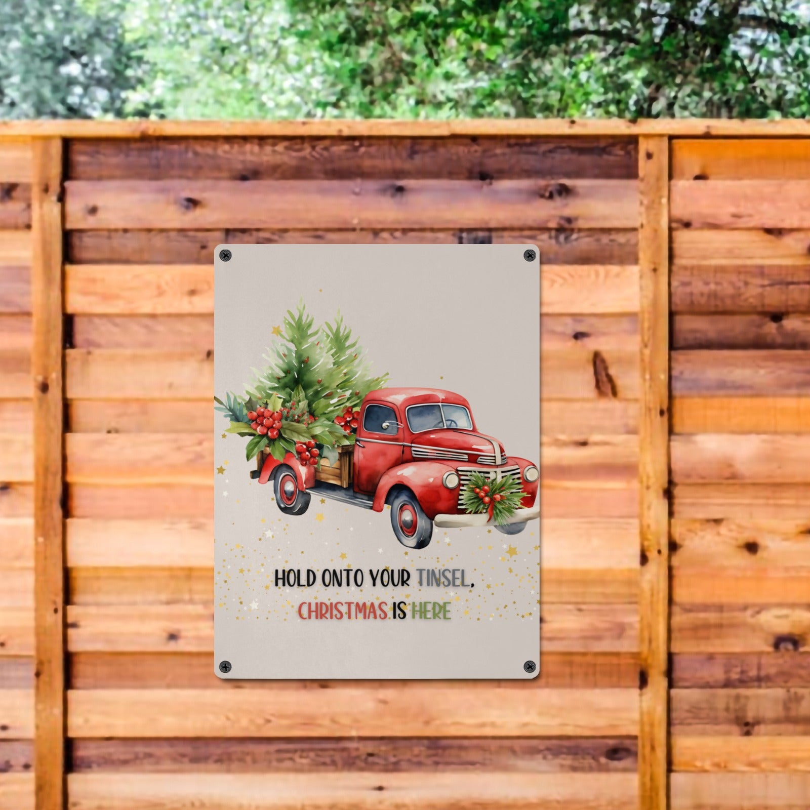 Cranberry Lake Designs "Hold onto Your Tinsel, Christmas is Here!" Red Truck Metal Sign - 12x16" Indoor/Outdoor Holiday Decor