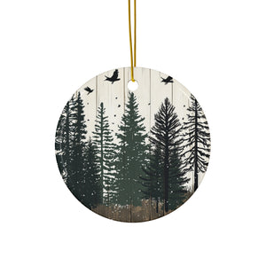 Rustic Woodland Forest Silhouette Design on Distressed Wood Ornament