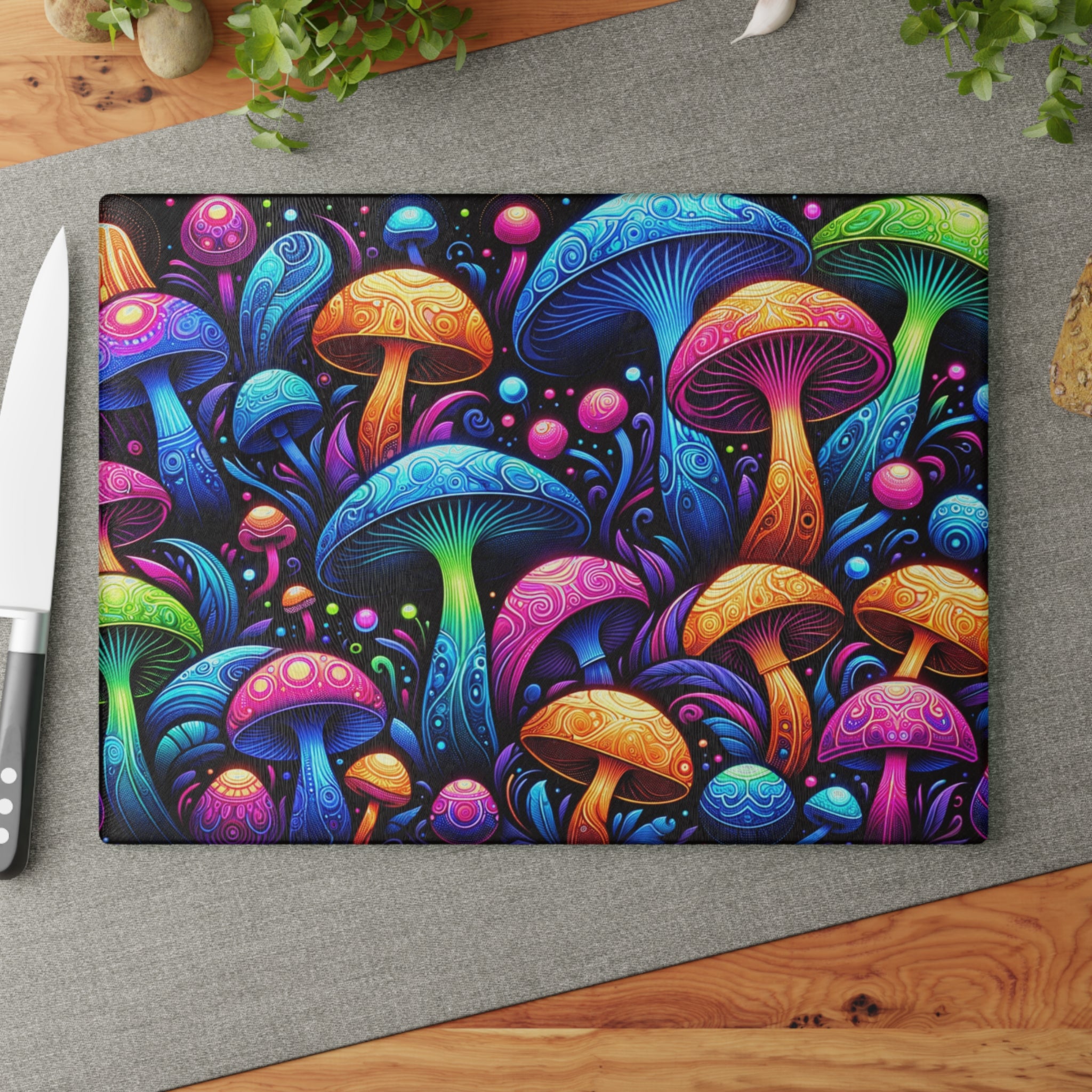 Colorful Mushroom Whimsical Glass Cutting Board Kitchen Boho Eclectic Home Decor Gift for Her