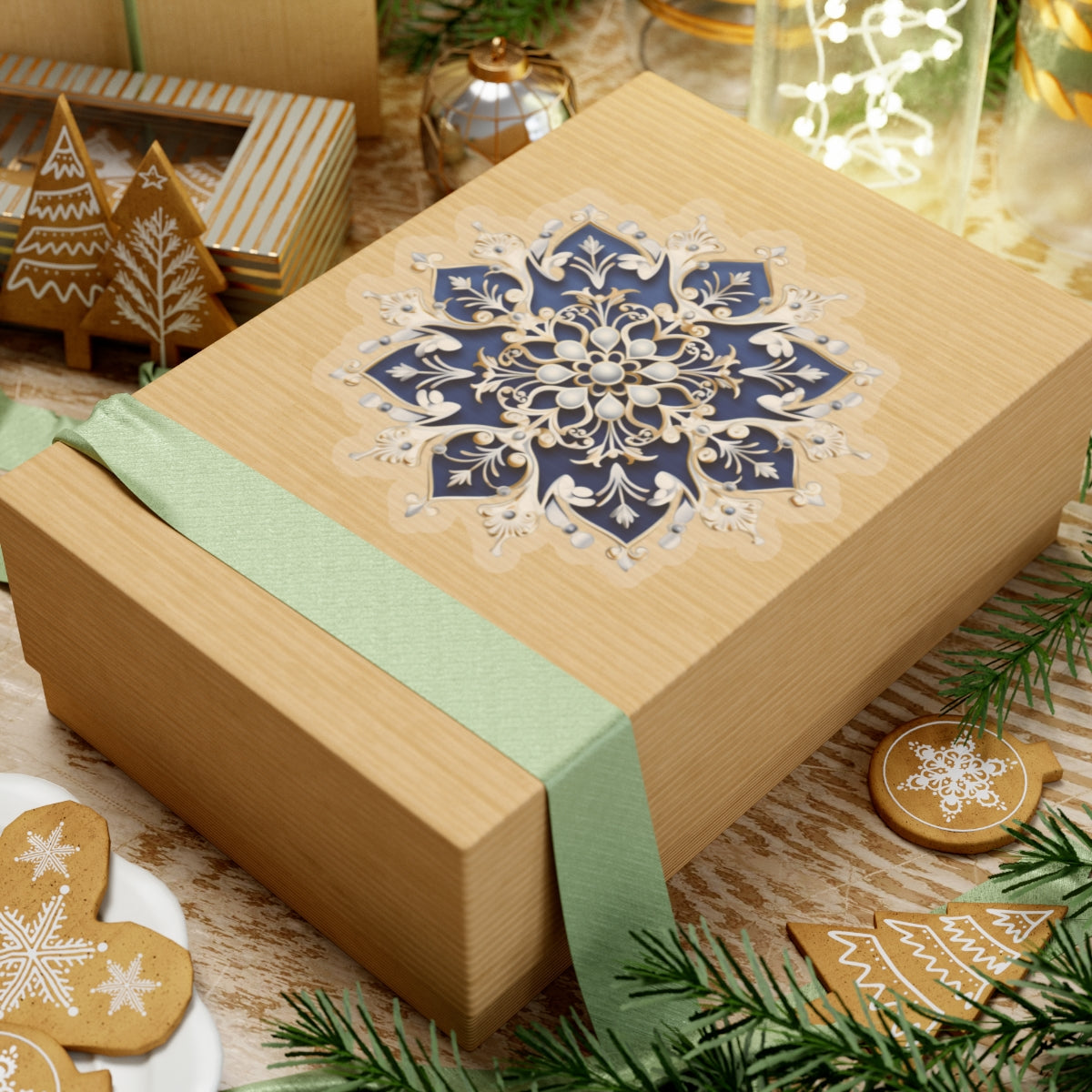 Blue & Gold Ornate Snowflake Holiday Christmas Vinyl Sticker