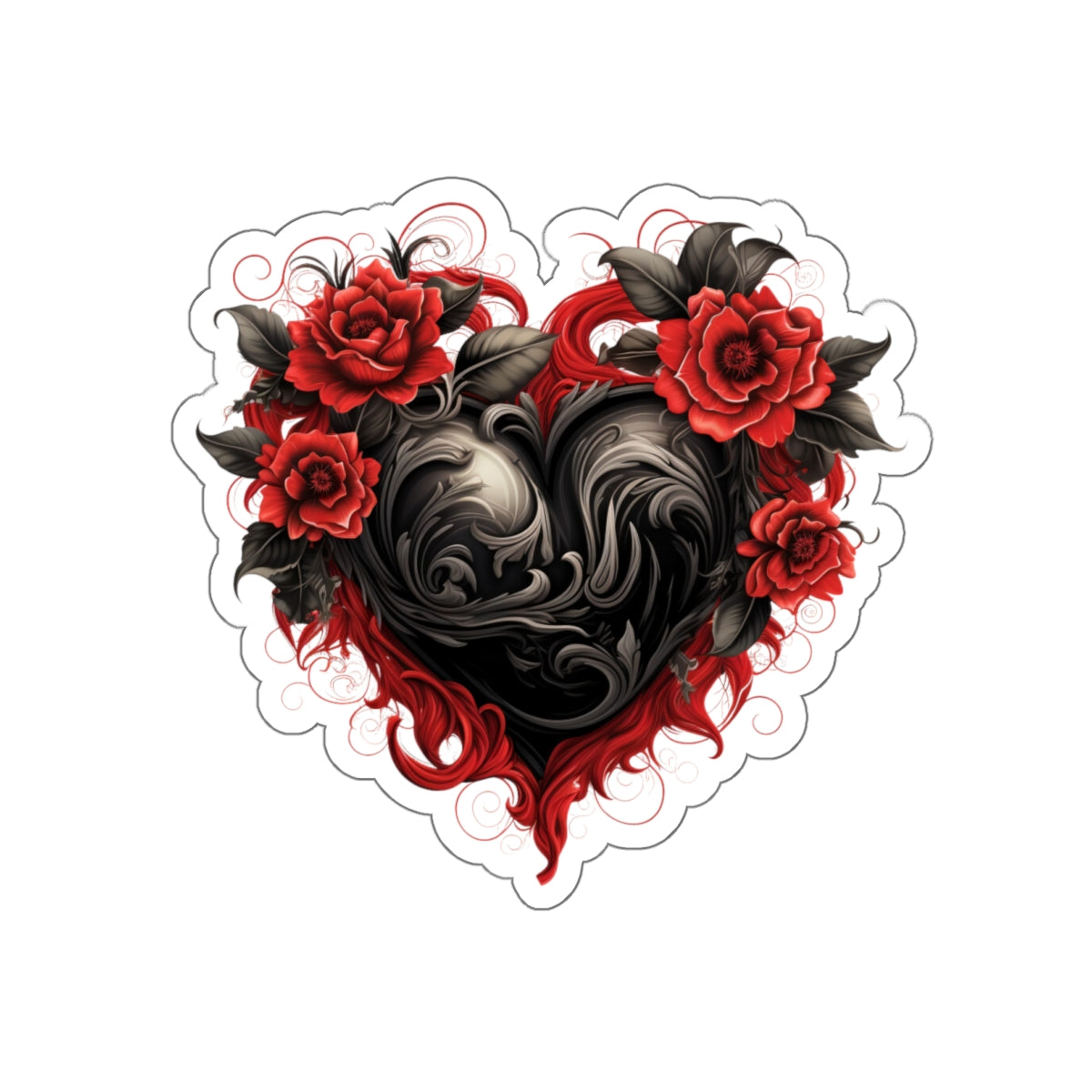 Red Flower Black Heart Vinyl Sticker