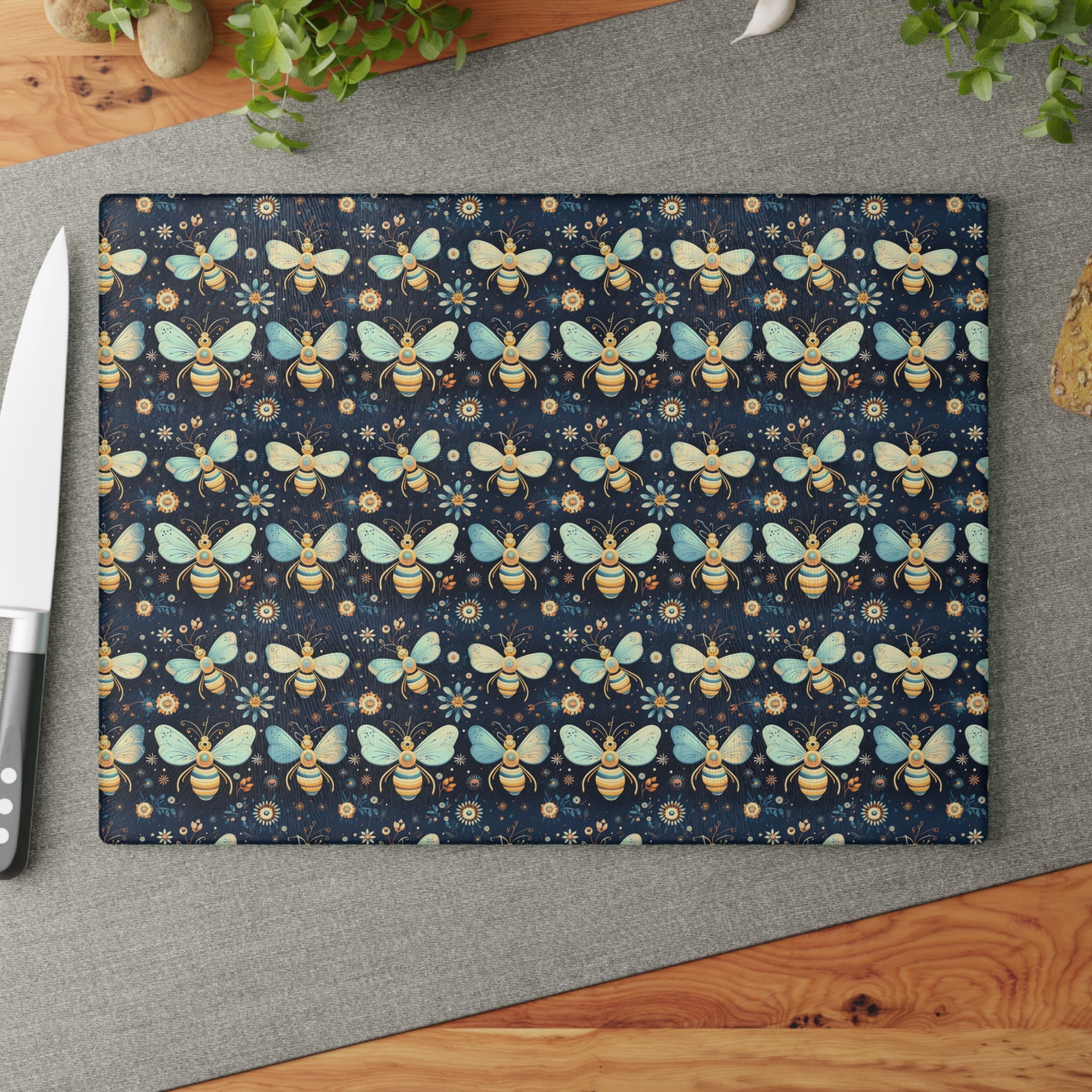Blue and Yellow Bumble Bee Glass Cutting Board: Sustainable Spring & Summer Home Decor