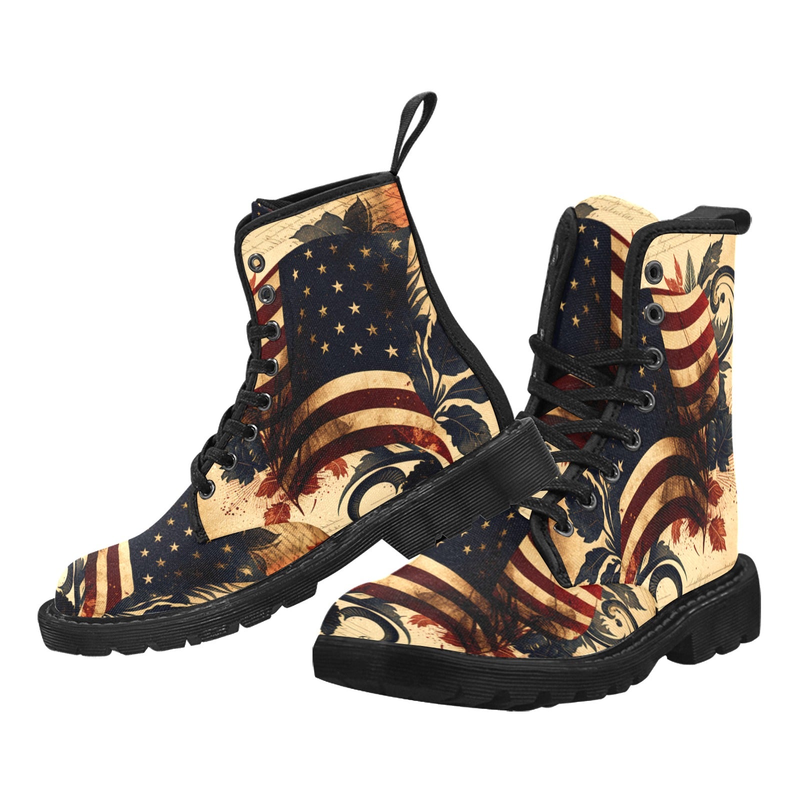 Vintage Patriotic American Flag Crest Women's Lace Up Canvas Boots - Cranberry Lake Design Co.  #