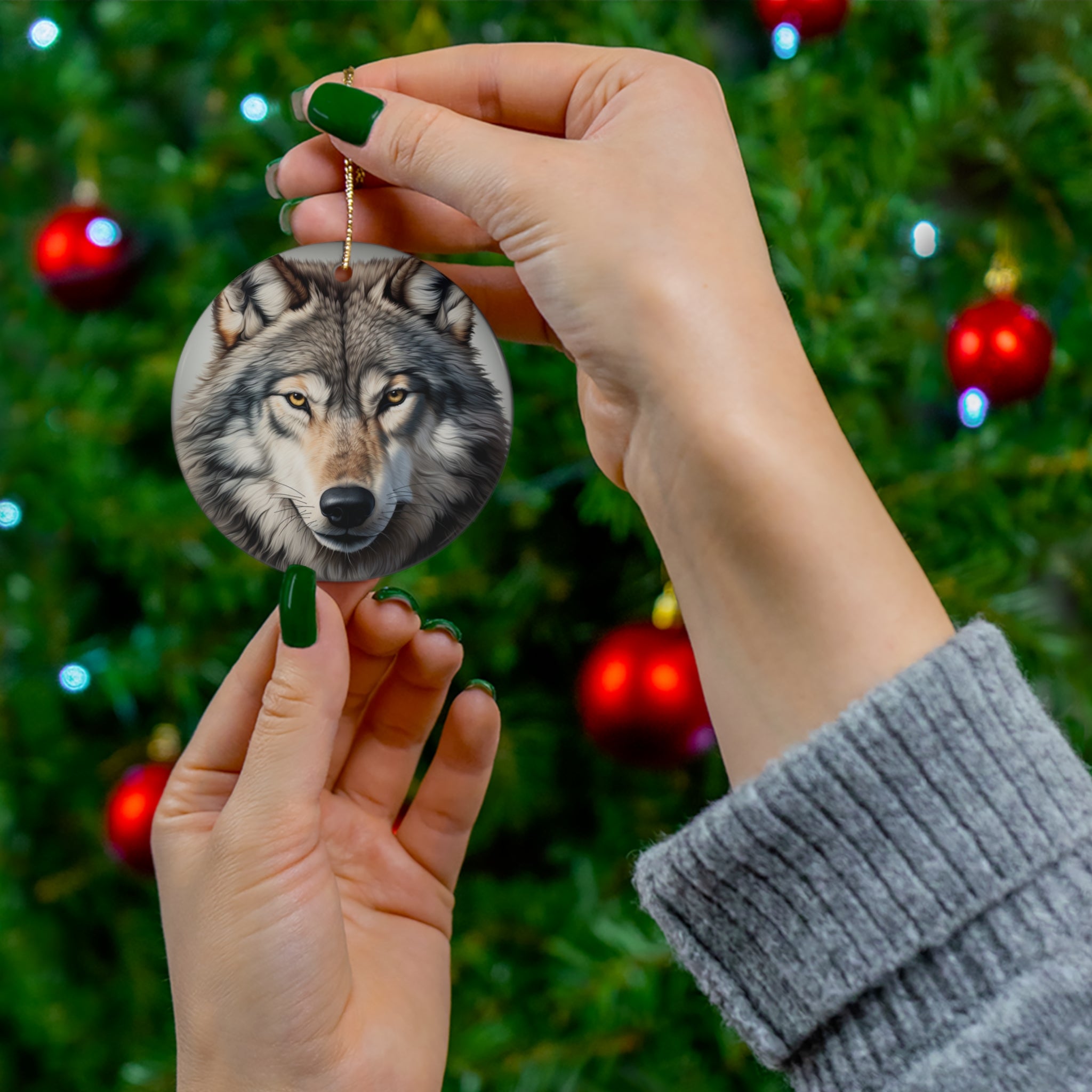 Christmas Wolf Ceramic Ornament