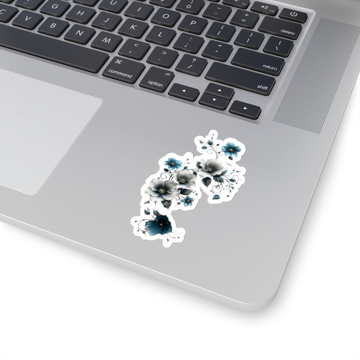 Silver White & Blue Floral Flower Vinyl Sticker