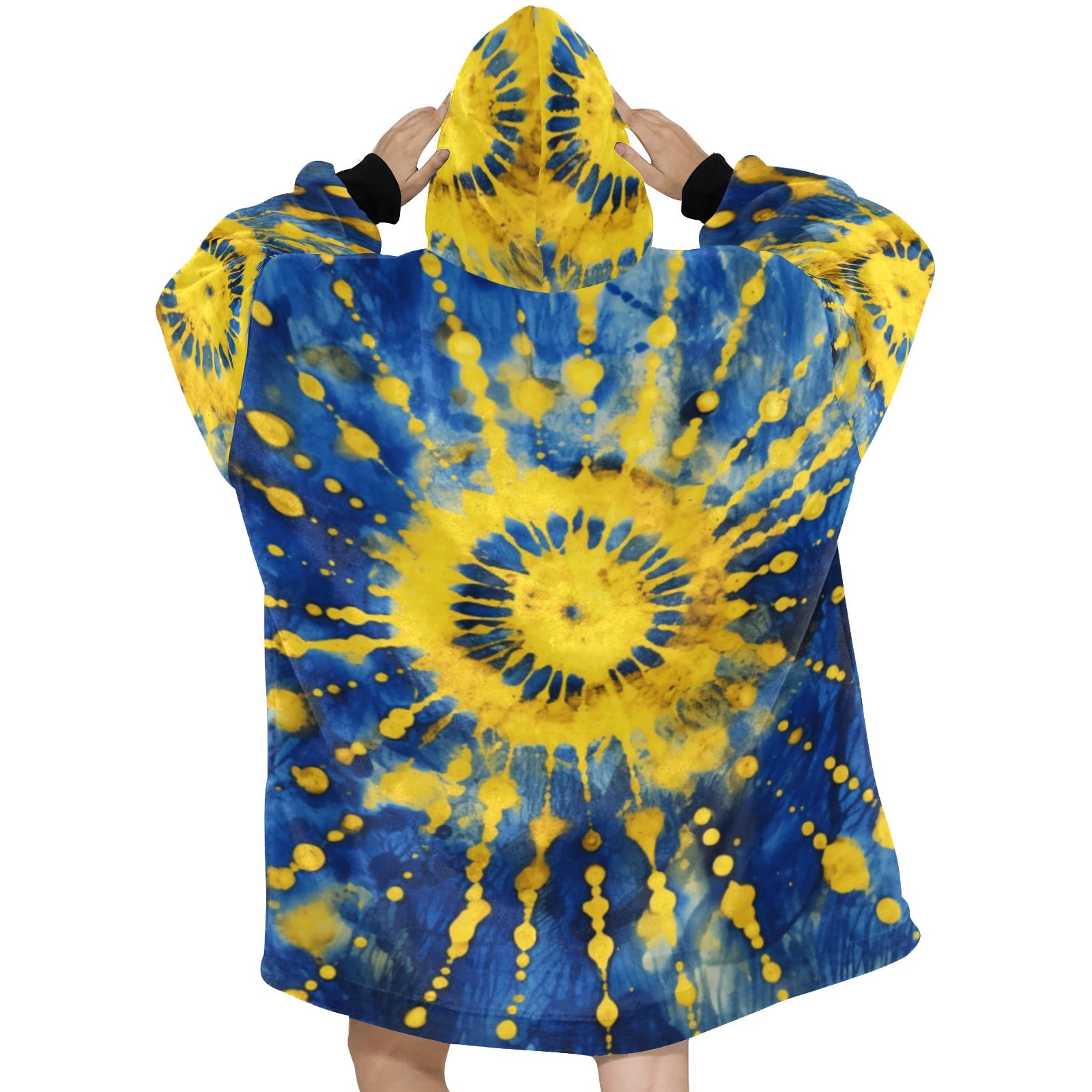 Blue and Gold Tie Dye Blanket Hoodie for Women - Cranberry Lake Design Co.  #