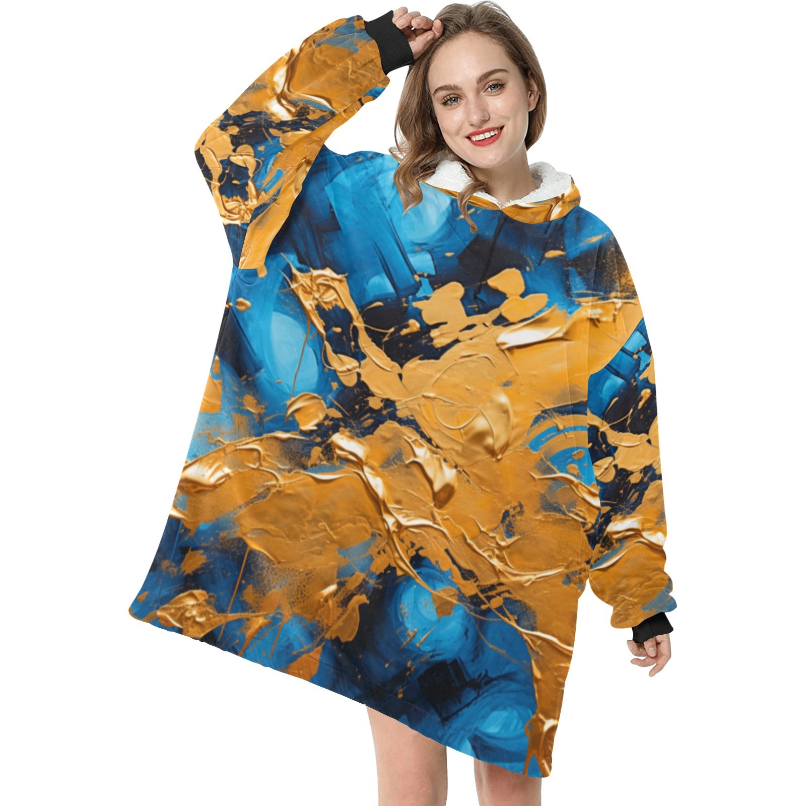 Blue and Gold Paint Blanket Hoodie for Women - Cranberry Lake Design Co.  #