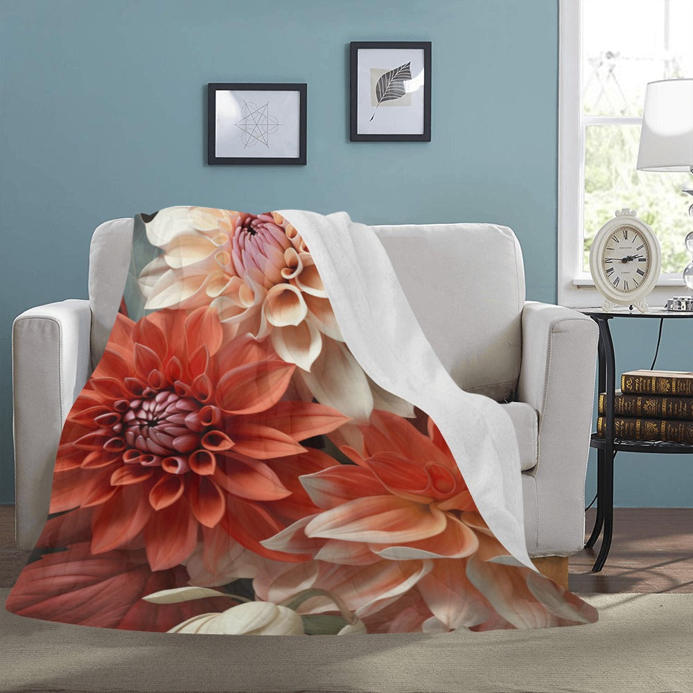 Rustic Dahlia Floral Throw Blanket - Ultra-Soft 60x80 Fleece Blanket with Red and Cream Dahlia Design