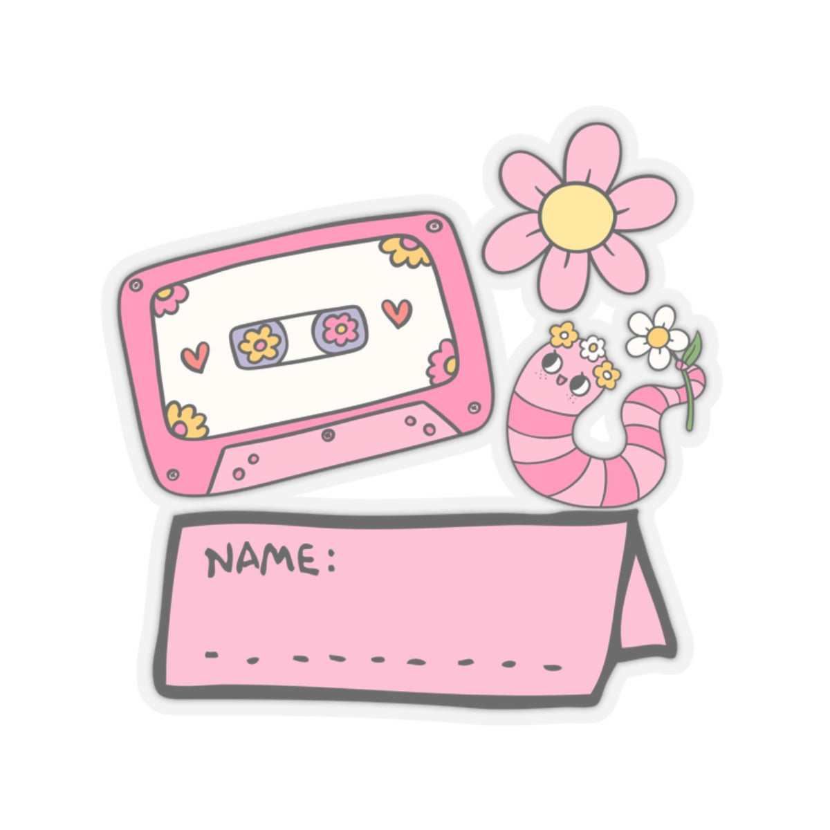 Cute Pink Worm Flowers School Name Tag Kiss-Cut Sticker for Kids - Cranberry Lake Design Co.  #