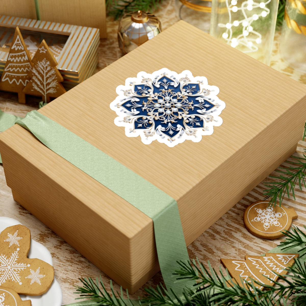 Blue & Gold Ornate Snowflake Holiday Christmas Vinyl Sticker