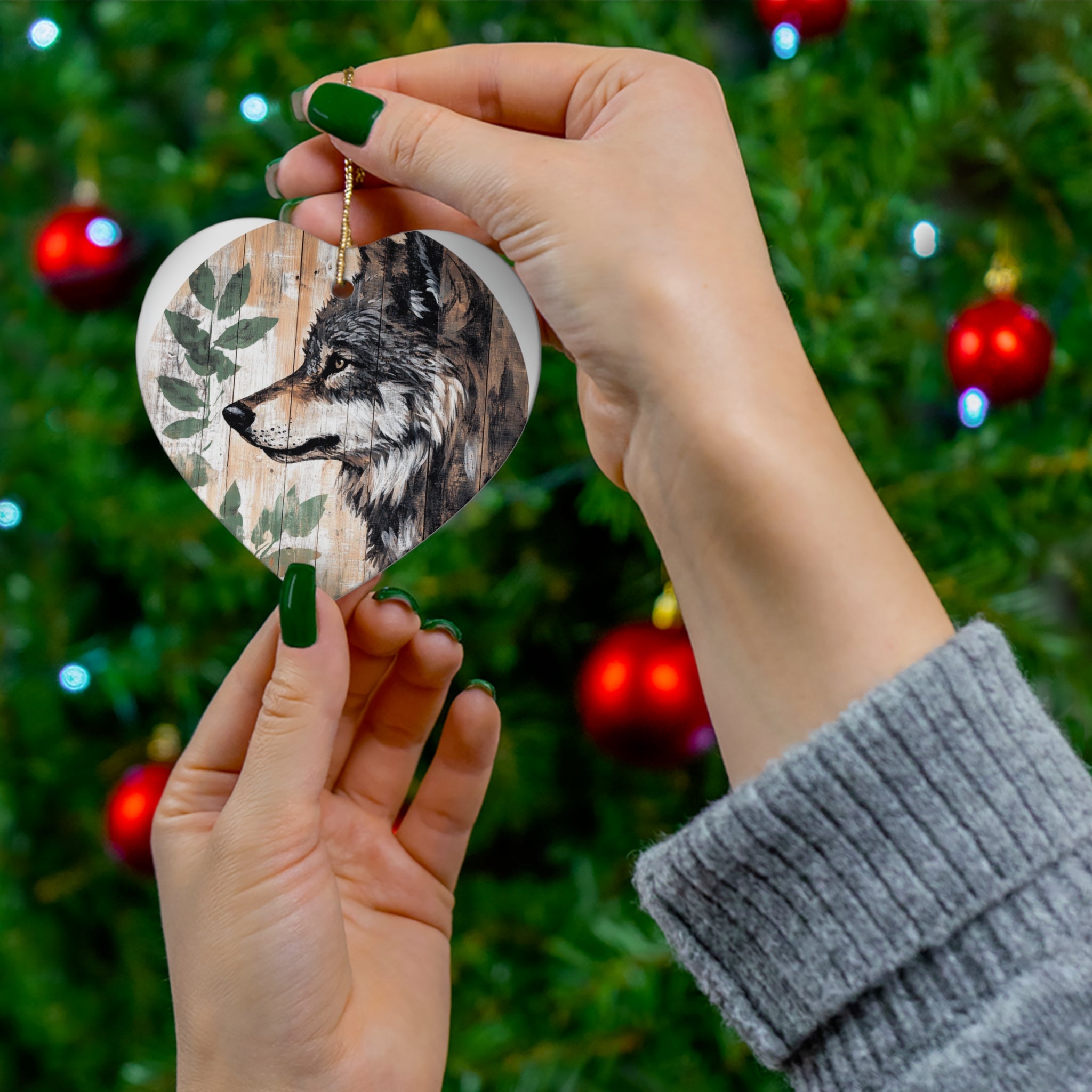 Custom Rustic Wolf Ceramic Ornament