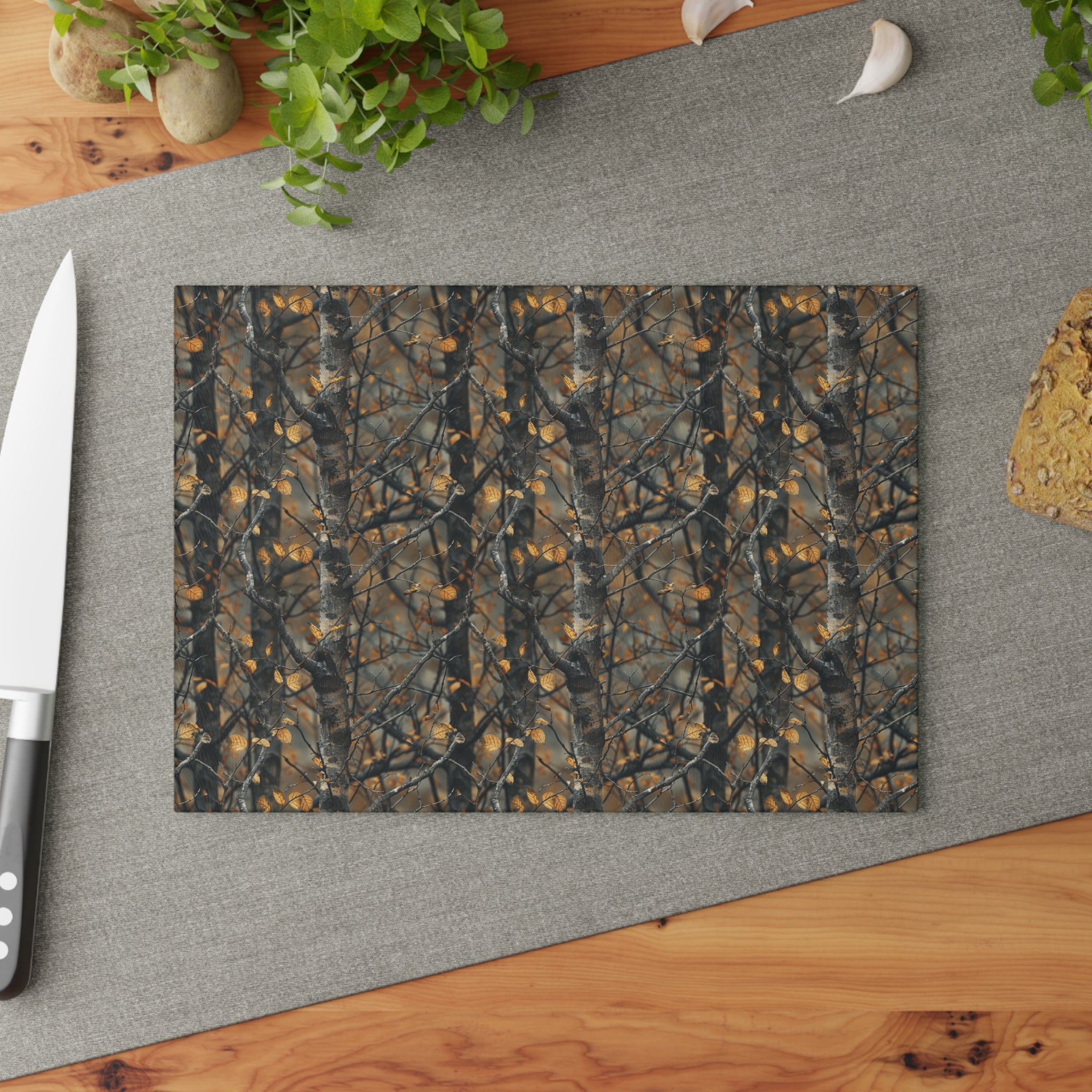 Woodland Camouflage Tree Woods Camo Glass Cutting Board Kitchen Home Decor Gift for Her Rustic