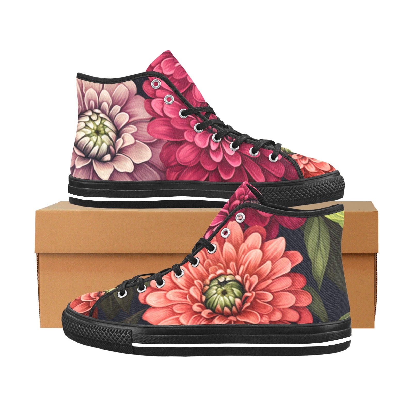 Pink Dahlia Print Canvas High Tops: Chic and Edgy Footwear for Free Spirits - Cranberry Lake Design Co.  #