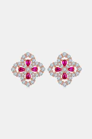 925 Sterling Silver Lab-Grown Ruby Flower Shape Stud Earrings