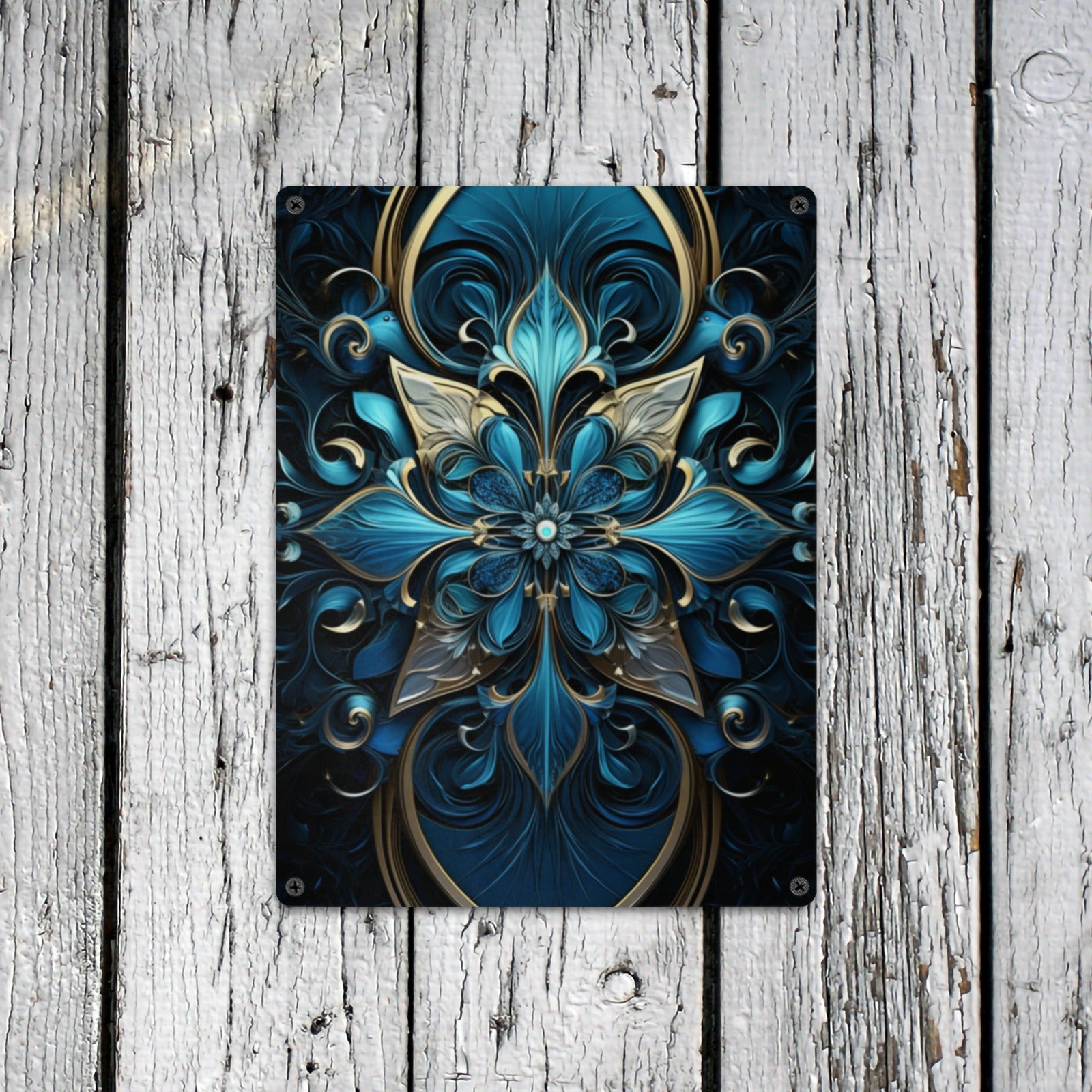 Opulent Blue, Gold, and Silver Ornate Flower Metal Tin Sign - Cranberry Lake Design Co.  #