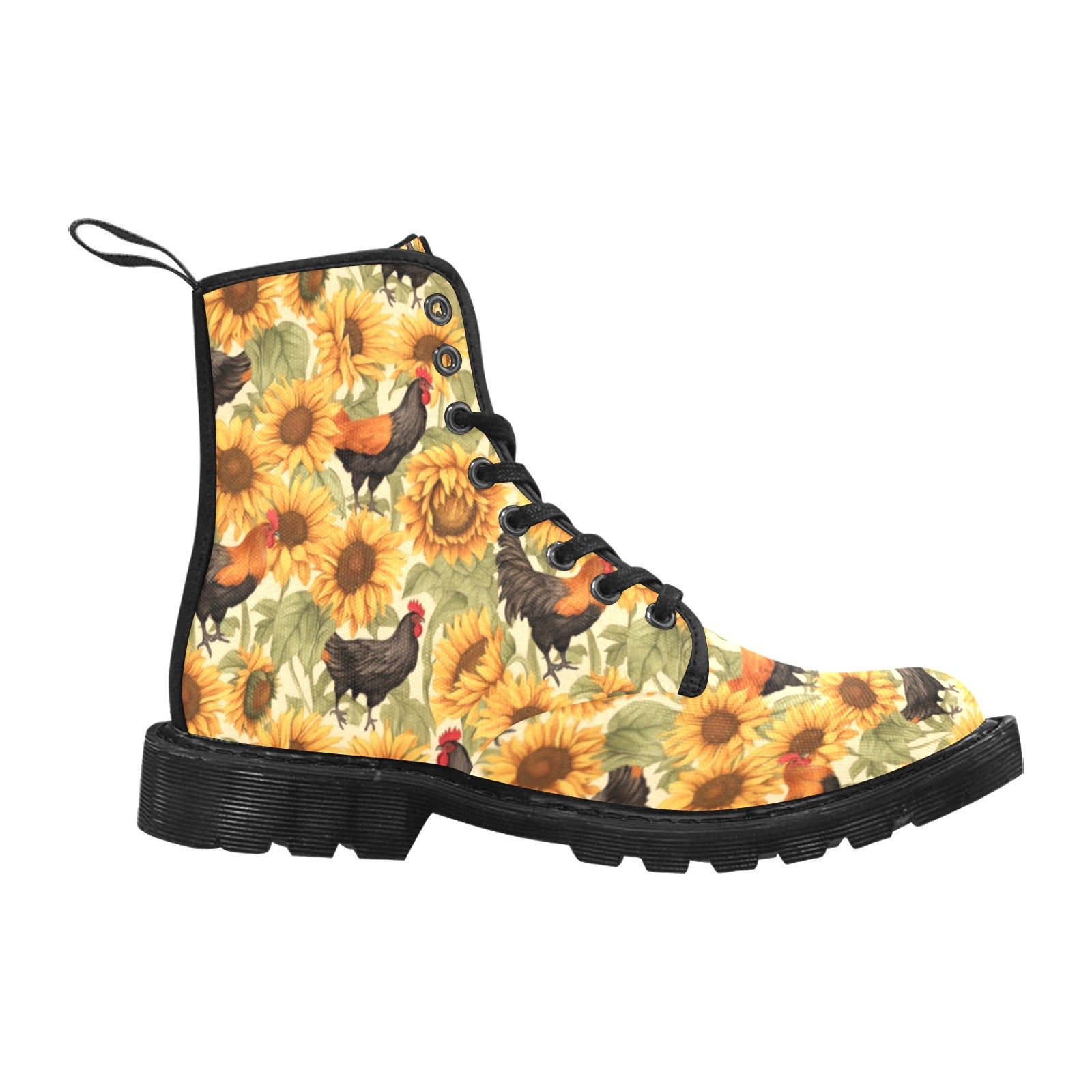 Chicken & Sunflowers Pattern Women's Lace Up Canvas Boots - Cranberry Lake Design Co.  #