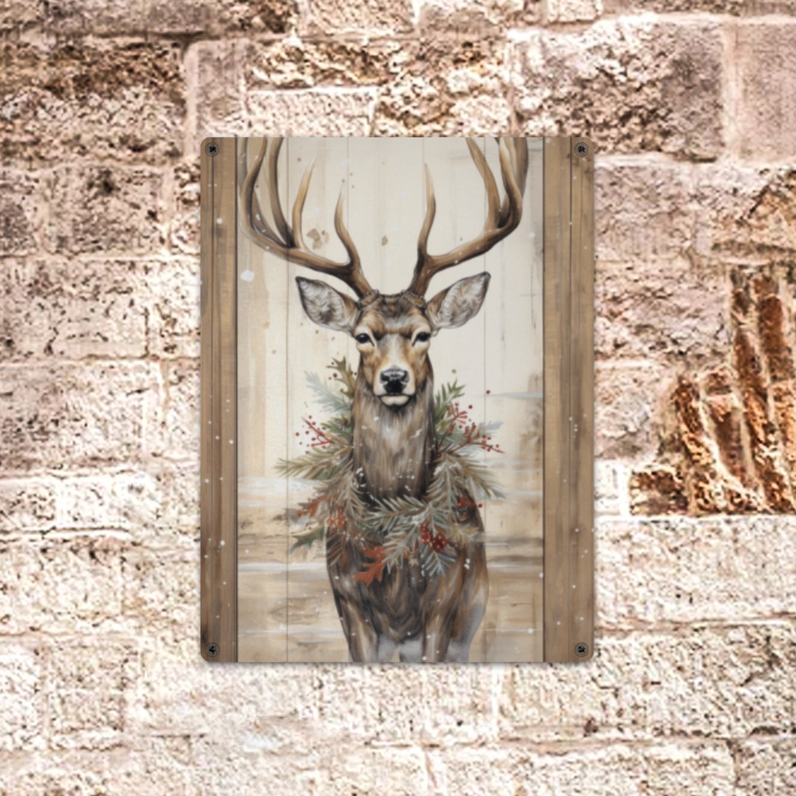 Rustic Winter Deer with Wreath Metal Tin Sign - Cranberry Lake Design Co.  #