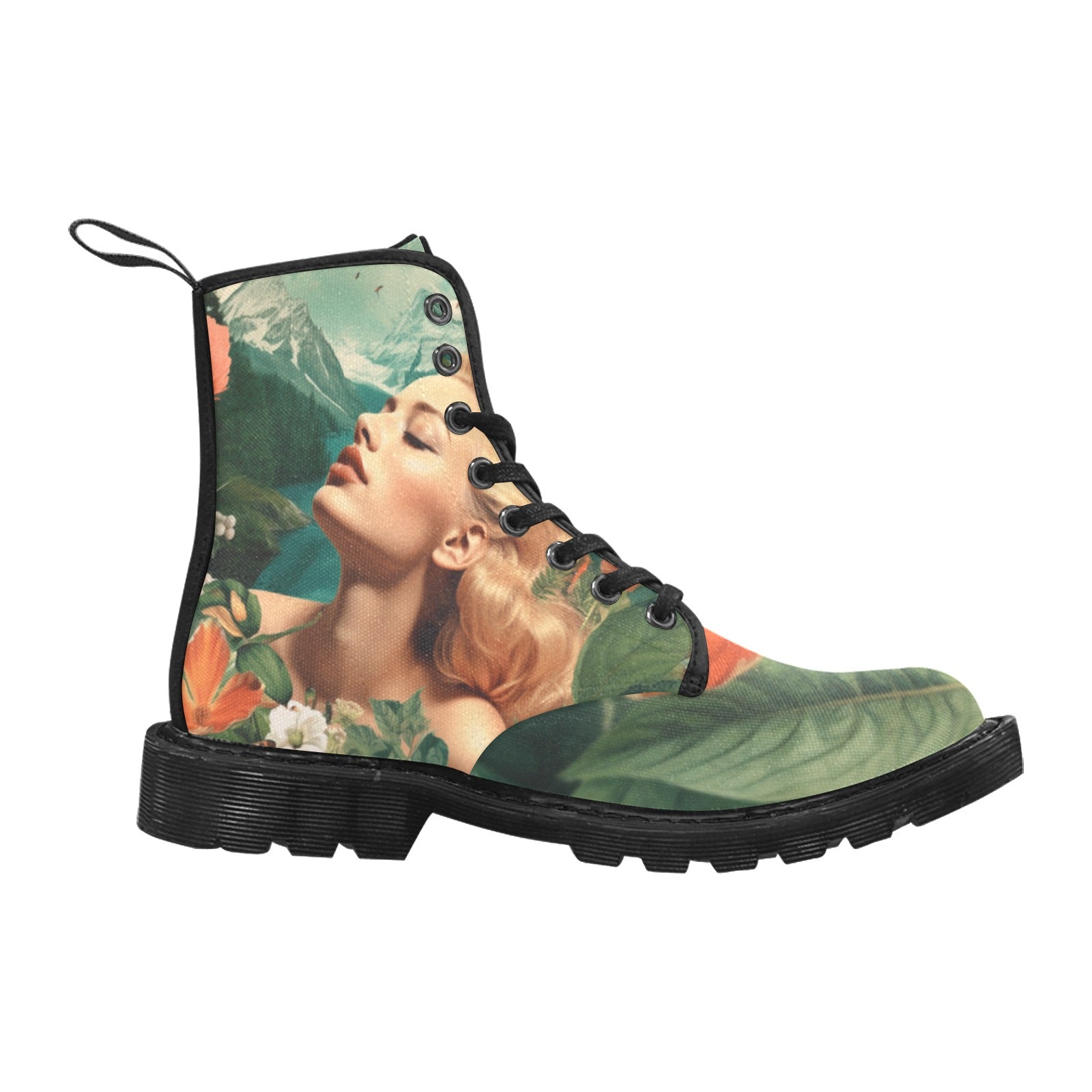 Beautiful Woman in Field of Flowers Floral Women's Lace Up Canvas Boots - Cranberry Lake Design Co.  #