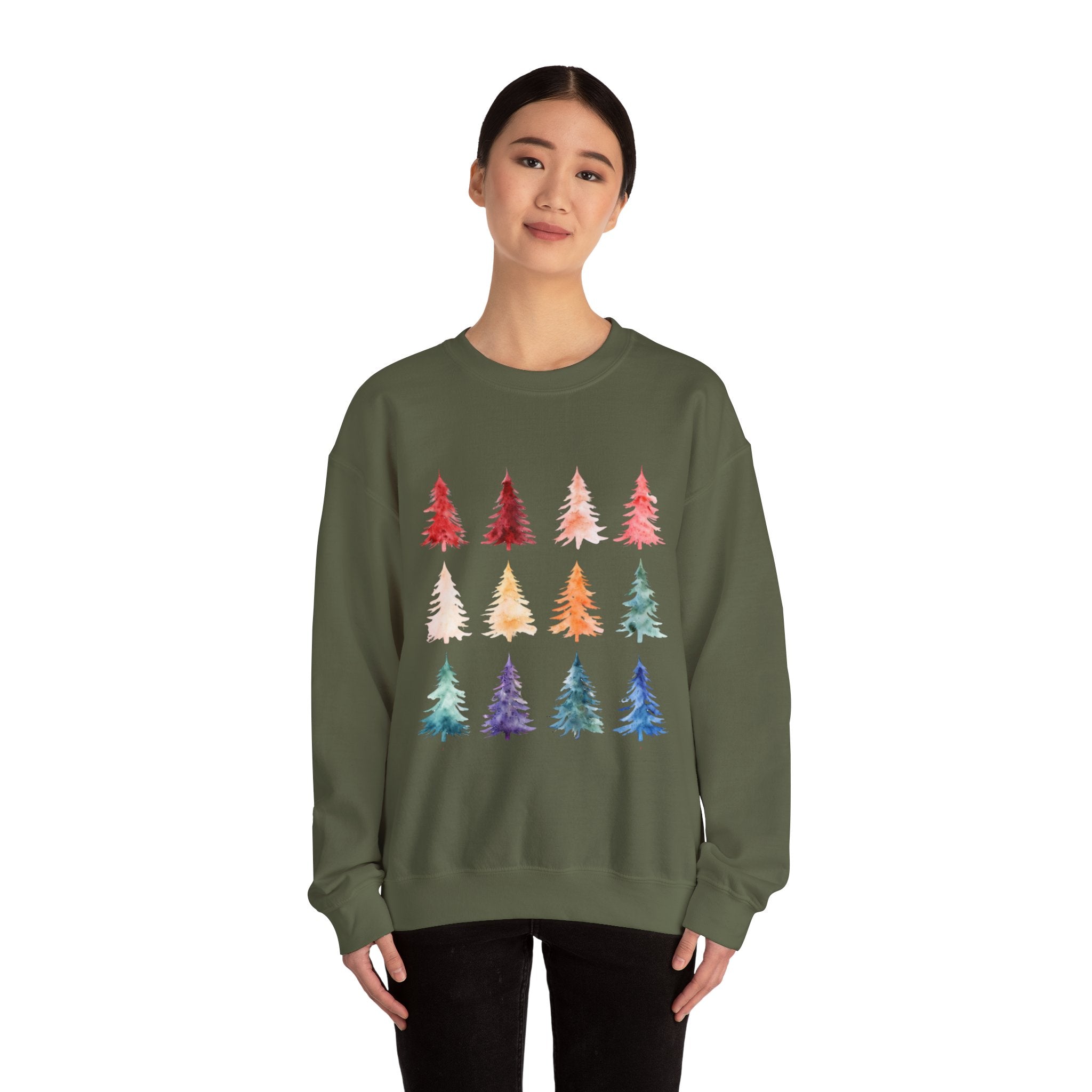 Unisex Watercolor Christmas Tree Festive Holiday Sweater Unisex Heavy Blend™ Crewneck Sweatshirt