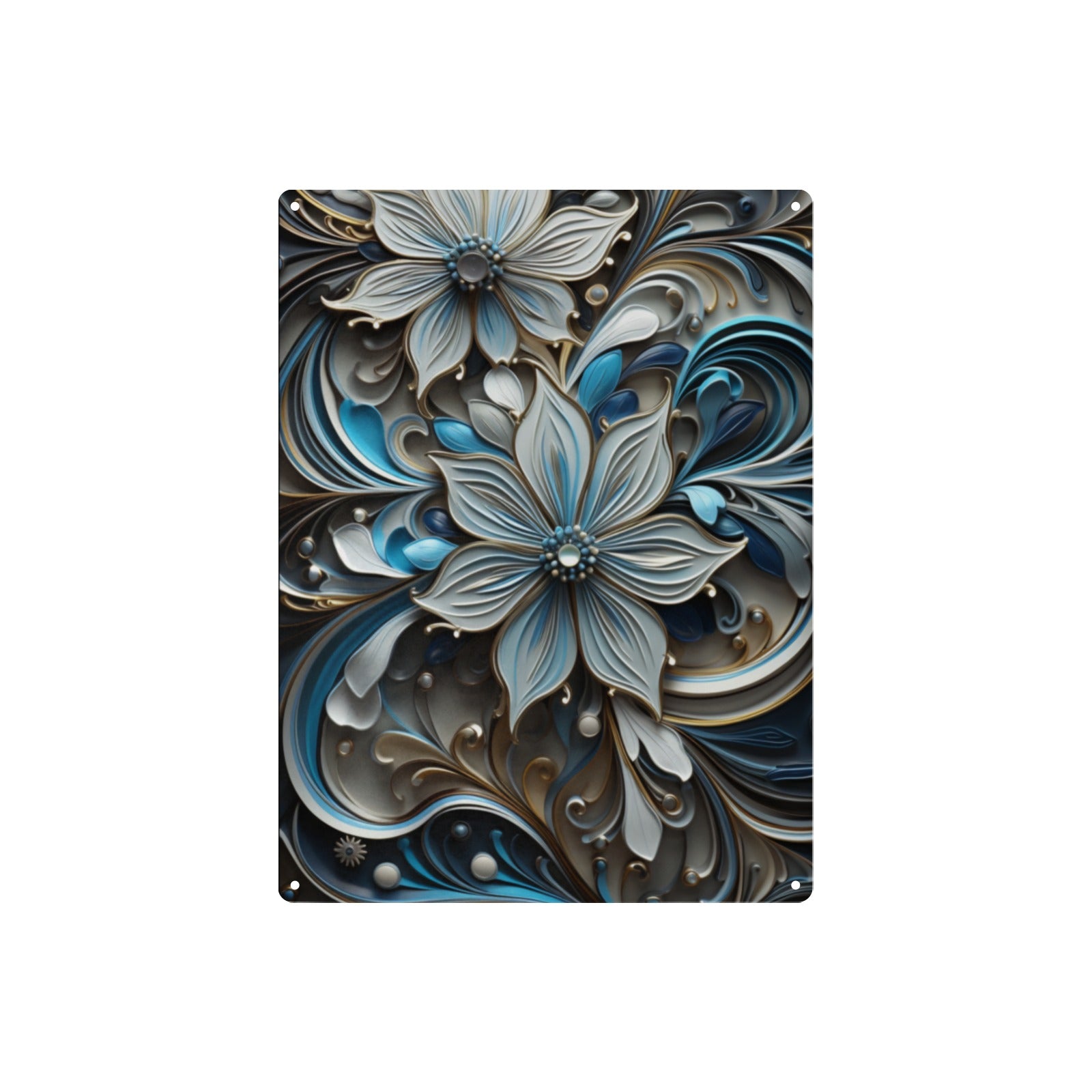 Elegant Blue and Silver Ornate Flower Metal Tin Sign - Cranberry Lake Design Co.  #