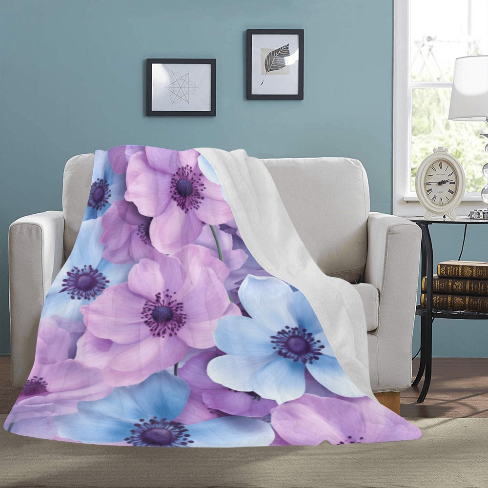 Anemone Floral Throw Blanket - Ultra-Soft 60x80 Fleece Blanket with Pastel Purple and Blue Anemone Design