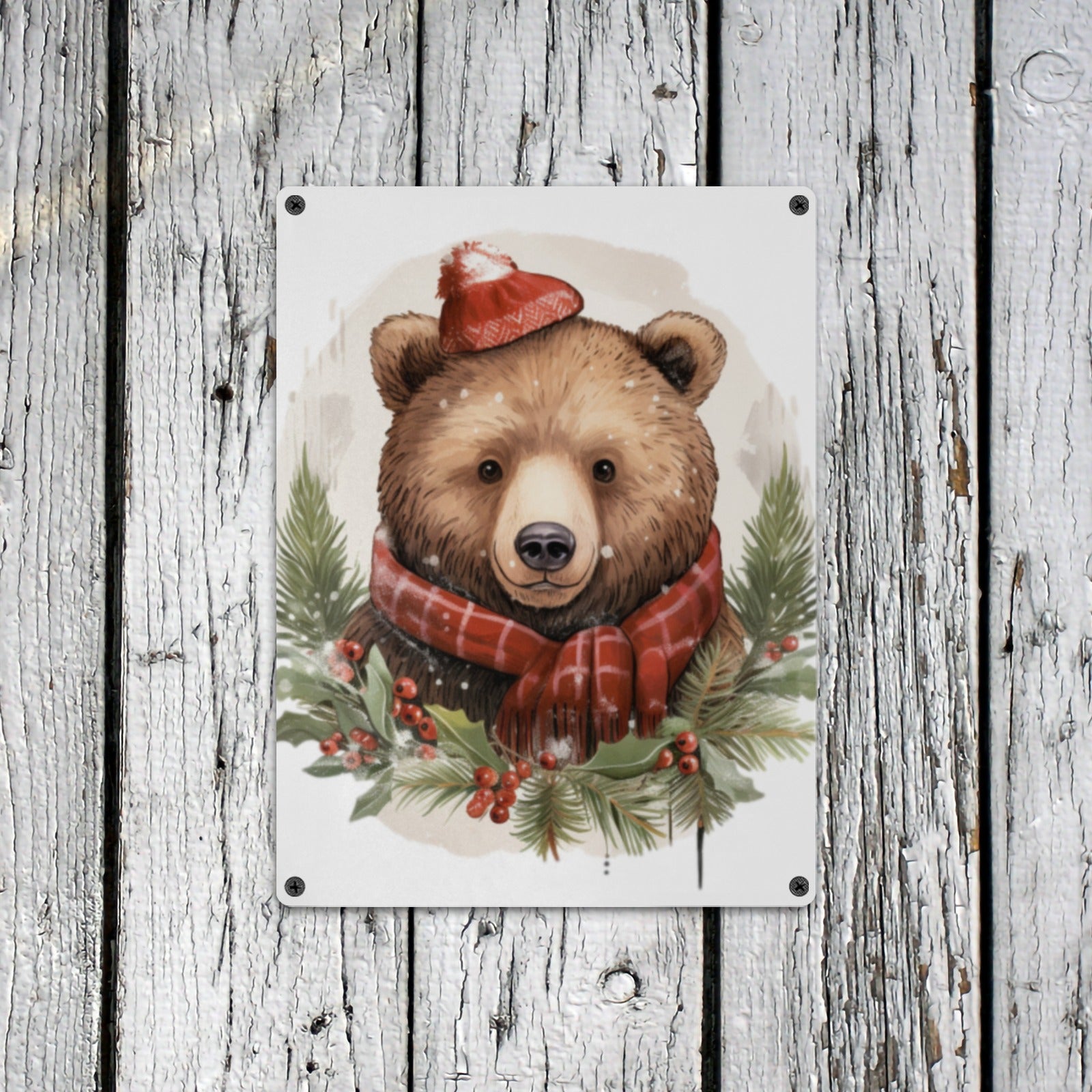 Snug as a Bug: Cozy Christmas Bear Metal Tin Sign - Cranberry Lake Design Co.  #