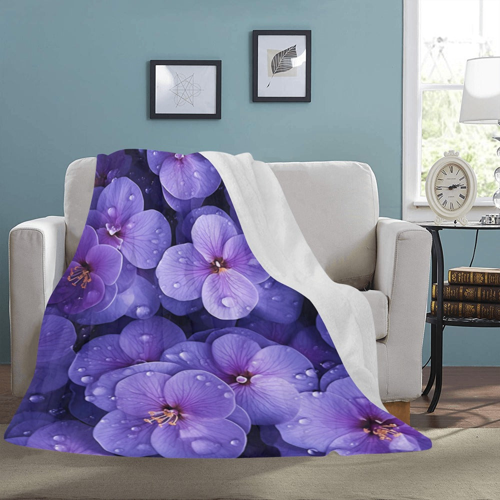 Twin Size Fleece Blanket with Beautiful Purple Floral Print & Dewdrops