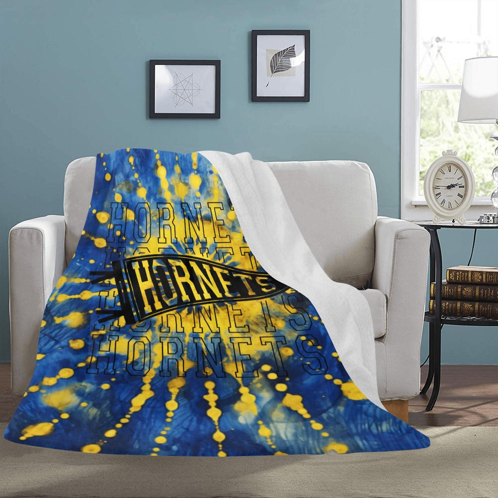 Cranberry Lake Designs Hornets Logo Blue and Gold Tie Dye Blanket