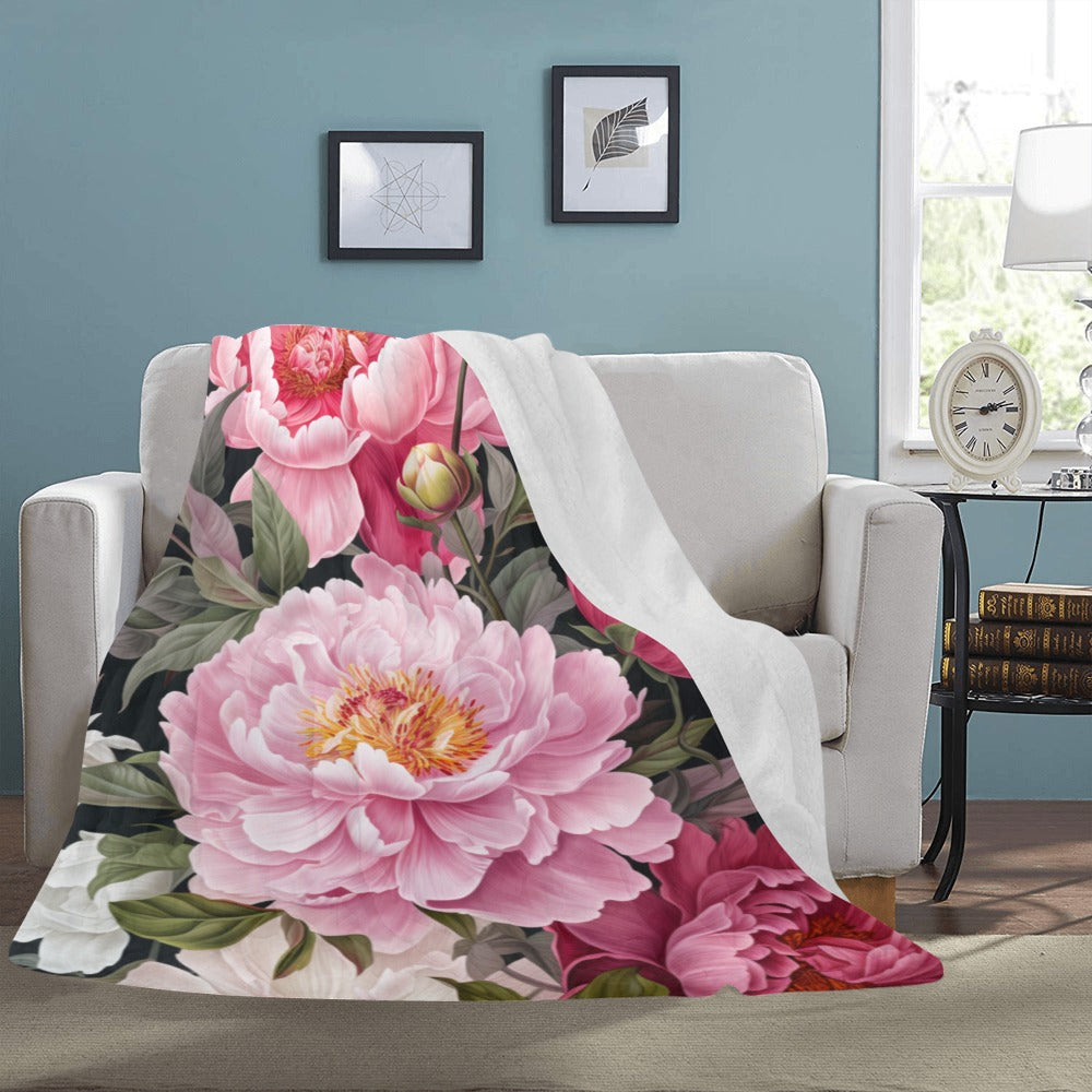 Pink Peony Fleece Blanket | Ultra-Soft Micro Fleece | Floral Throw Blanket | 60x80 | Made in USA