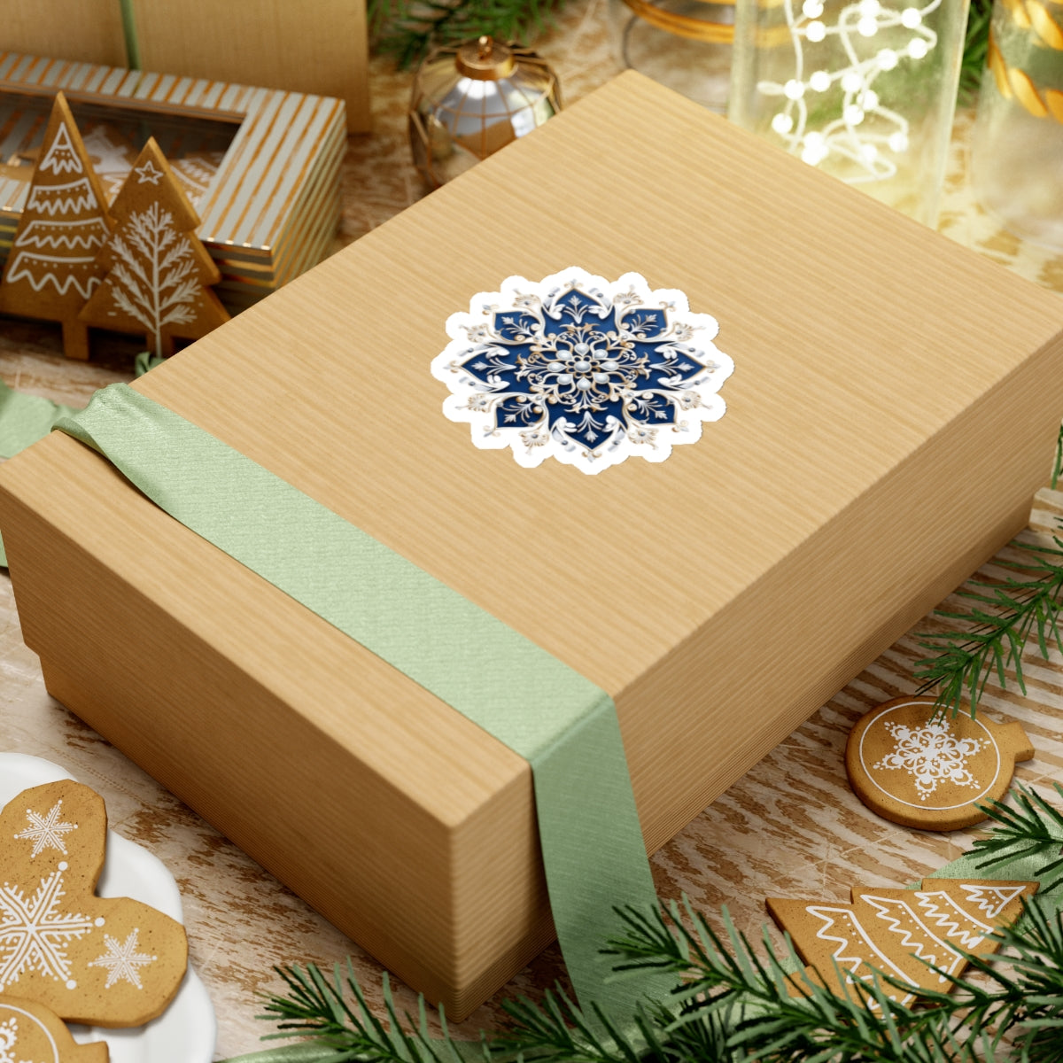 Blue & Gold Ornate Snowflake Holiday Christmas Vinyl Sticker