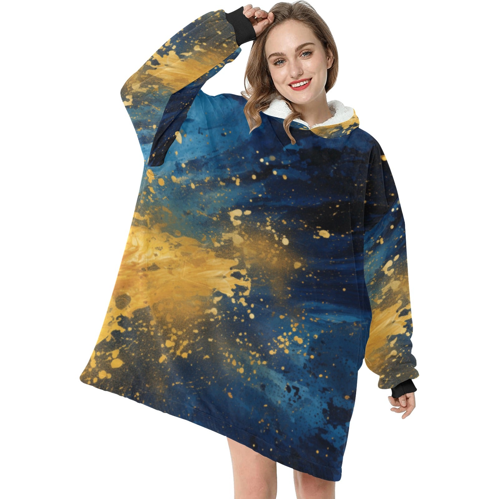 Blue and Gold Splatter Blanket Hoodie for Women - Cranberry Lake Design Co.  #