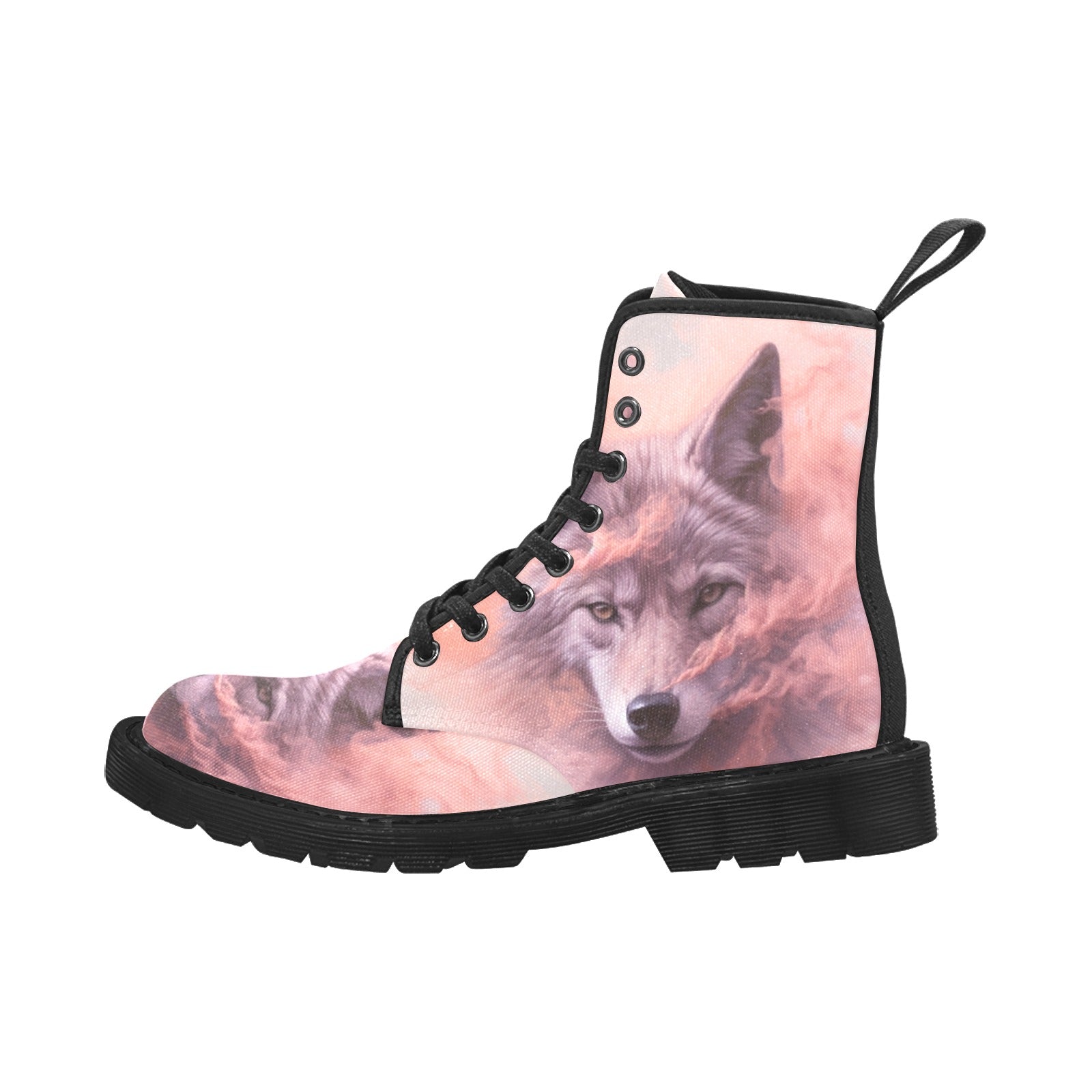 Pink Smoke Wolf Women's Lace Up Canvas Boots (Black) - Cranberry Lake Design Co.  #