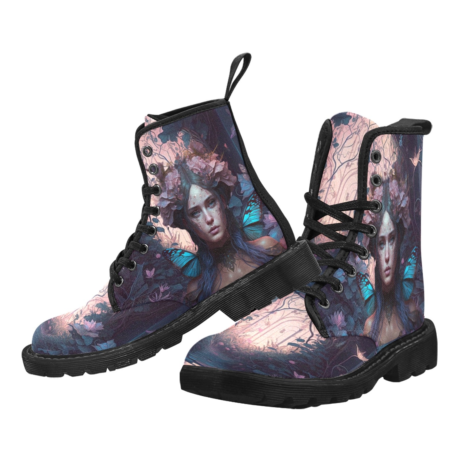 Women's Fairycore Boots Blue Butterfly Lace Up Canvas Boots - Cranberry Lake Design Co.  #