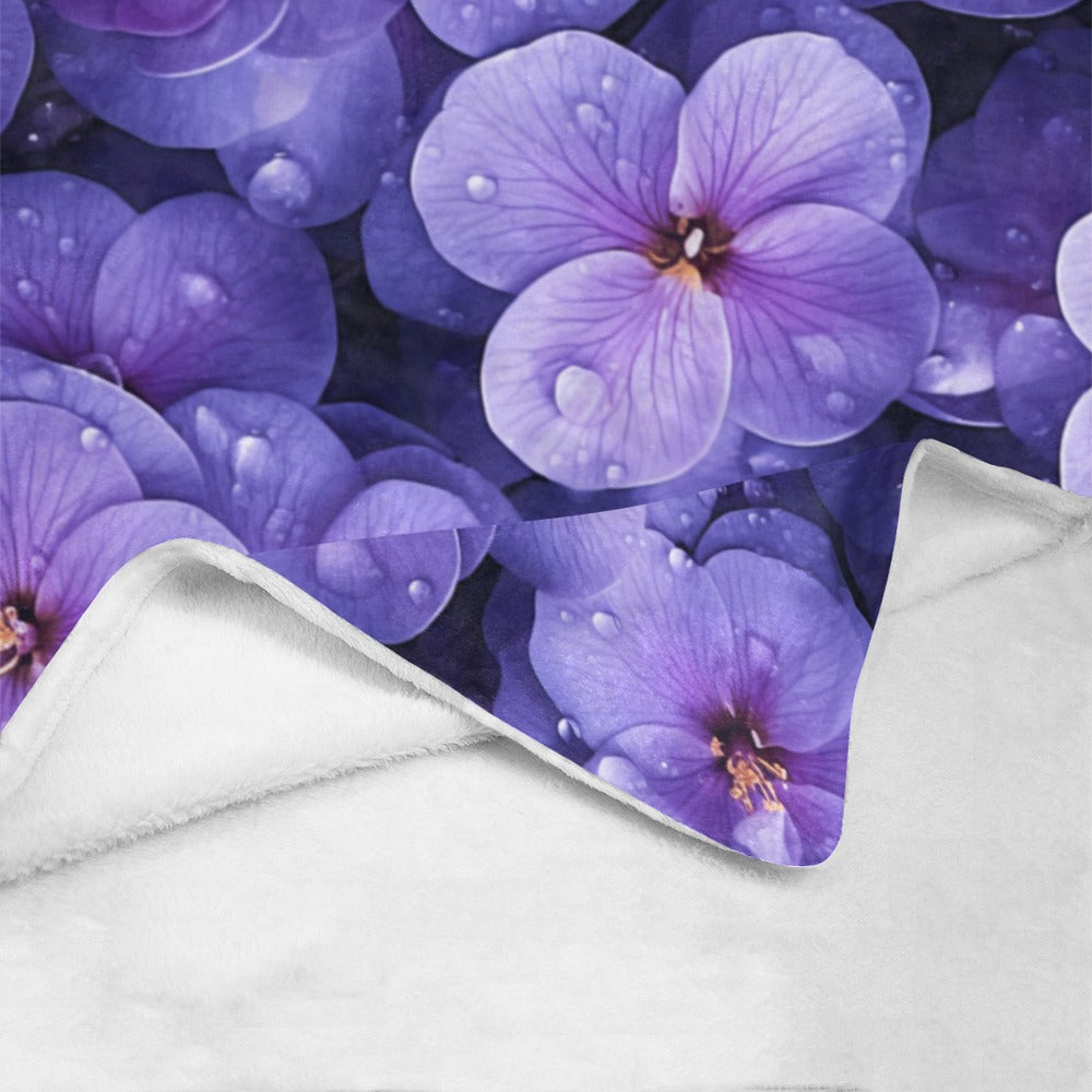 Twin Size Fleece Blanket with Beautiful Purple Floral Print & Dewdrops