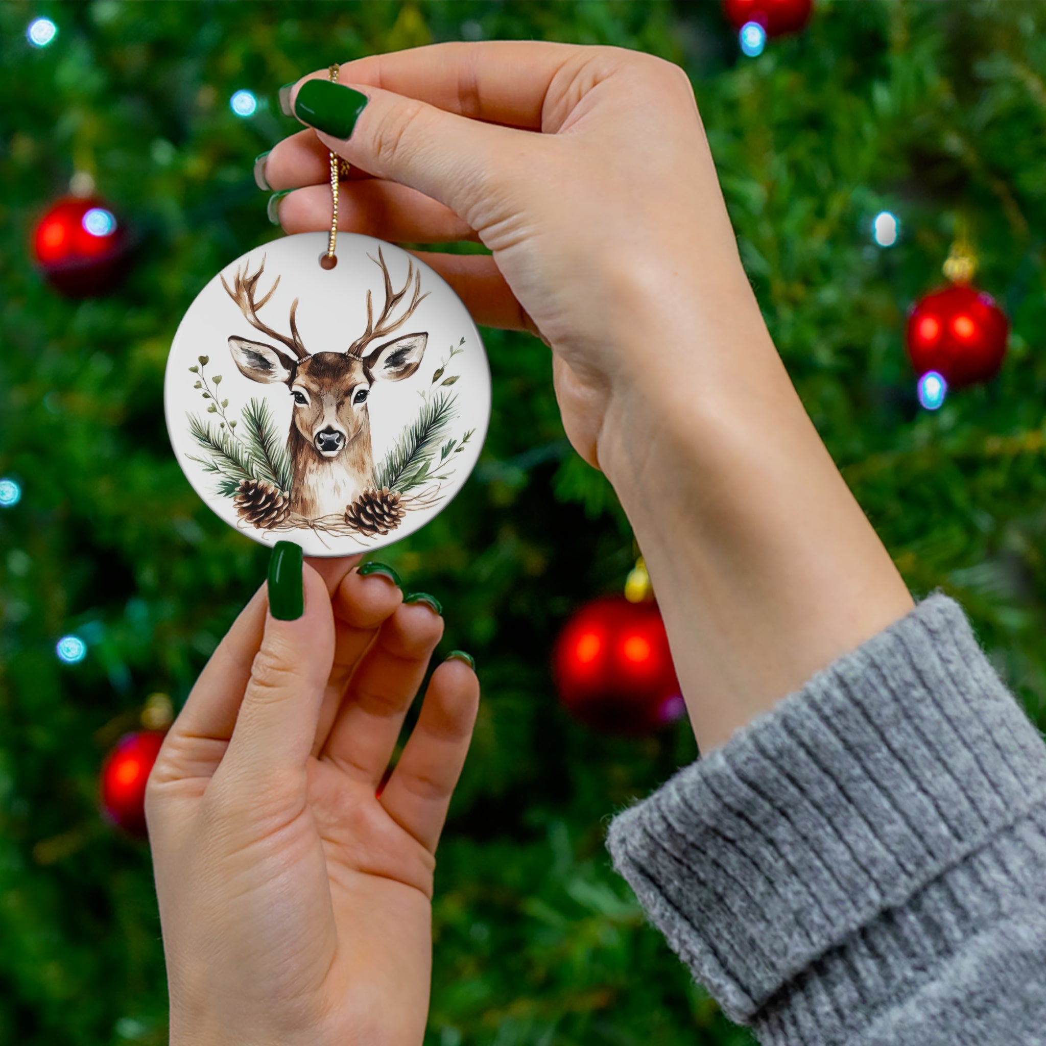 Rustic Reindeer Boho Christmas Ceramic Ornament