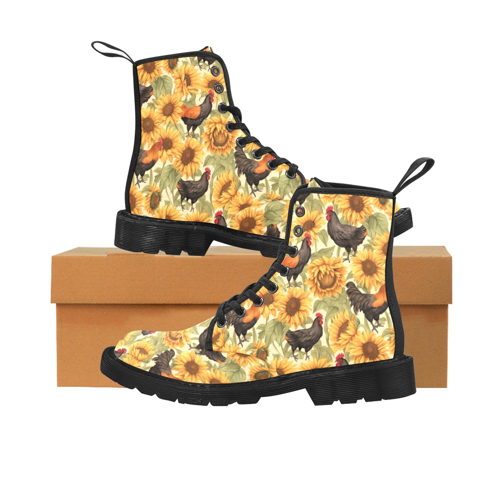 Chicken & Sunflowers Pattern Women's Lace Up Canvas Boots - Cranberry Lake Design Co.  #