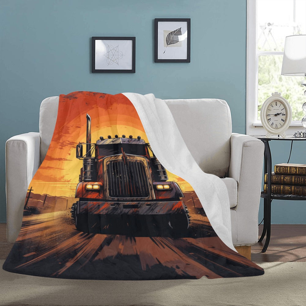 Semi-Truck Fleece Blanket | Ultra-Soft Micro Fleece Blanket | Trucker Gift | Sunset Highway | 60x80