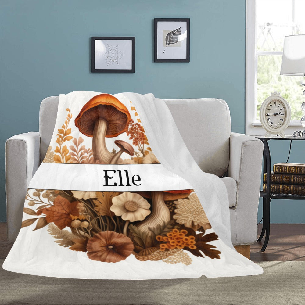 Autumn Mushroom Blanket - Personalized Name Fall Throw - Soft Plush - 60x80