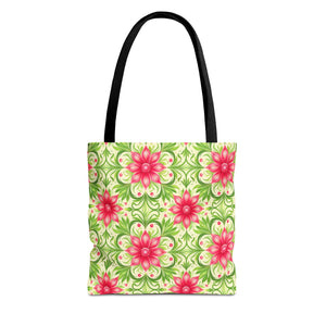 Pink & Green Floral Pattern Eccentric Tote Bag