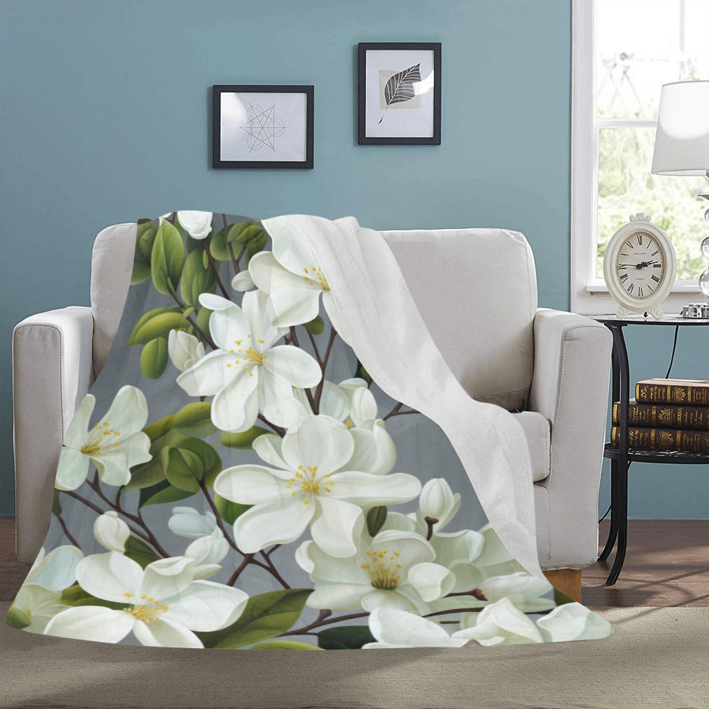 White Blossom Fleece Blanket | Ultra-Soft Micro Fleece | Floral Throw Blanket | 60x80 | Made in USA