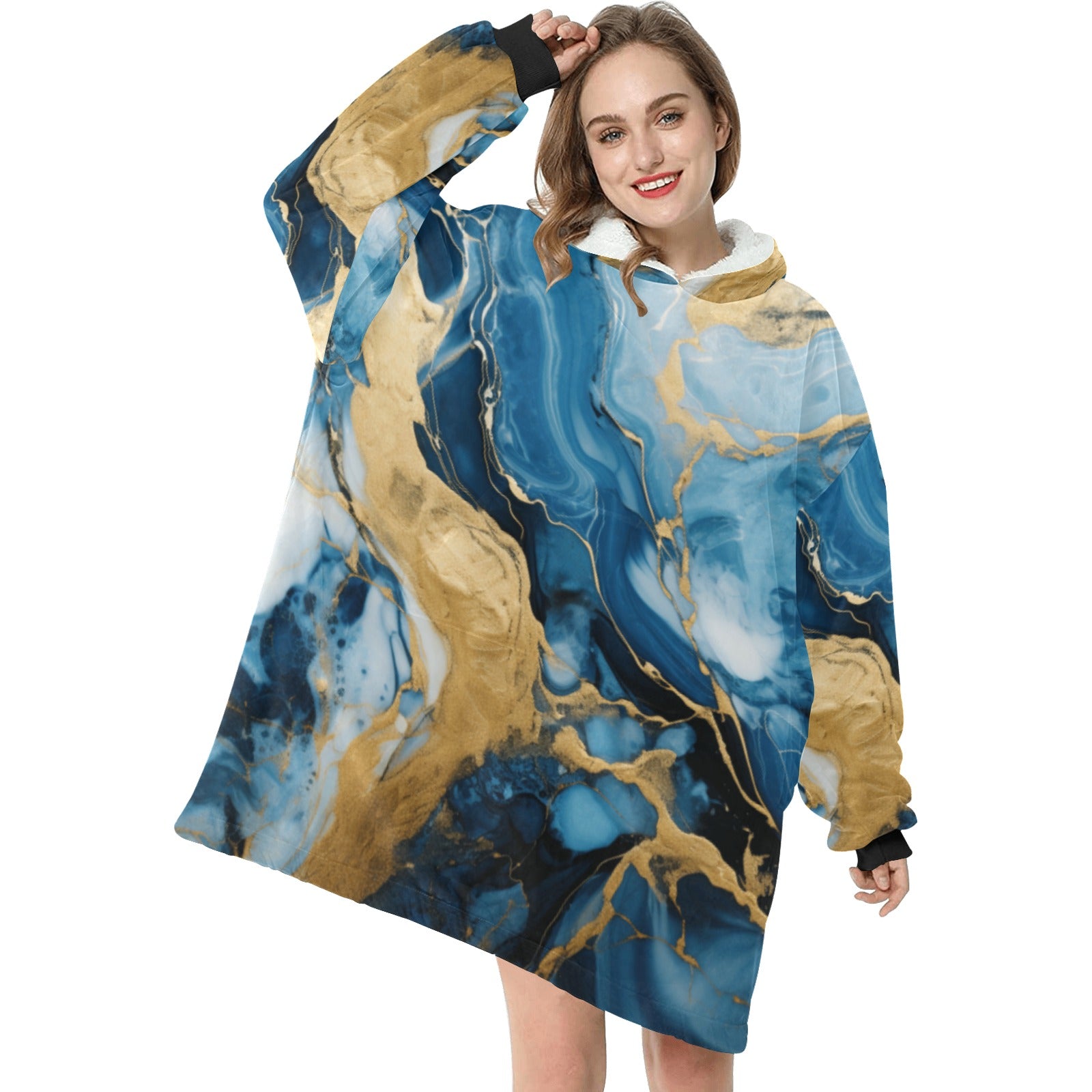 Blue and Gold Marble Swirl Blanket Hoodie for Women - Cranberry Lake Design Co.  #