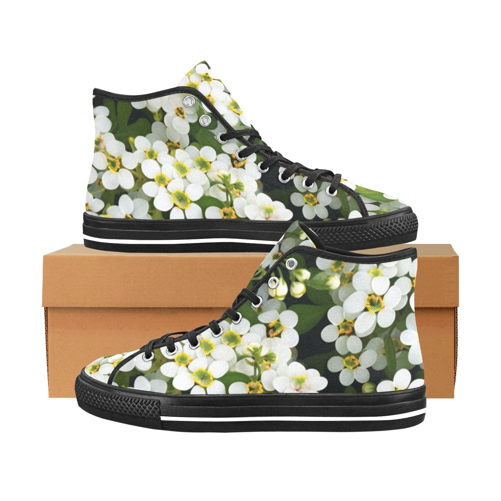 Vancouver High Top Canvas Shoes for Women - Black & White Floral Elegance - Cranberry Lake Design Co.  #