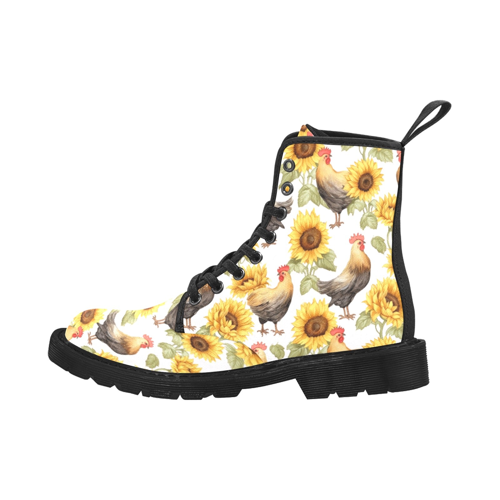 Chicken & Sunflowers Pattern Women's Lace Up Canvas Boots - Cranberry Lake Design Co.  #