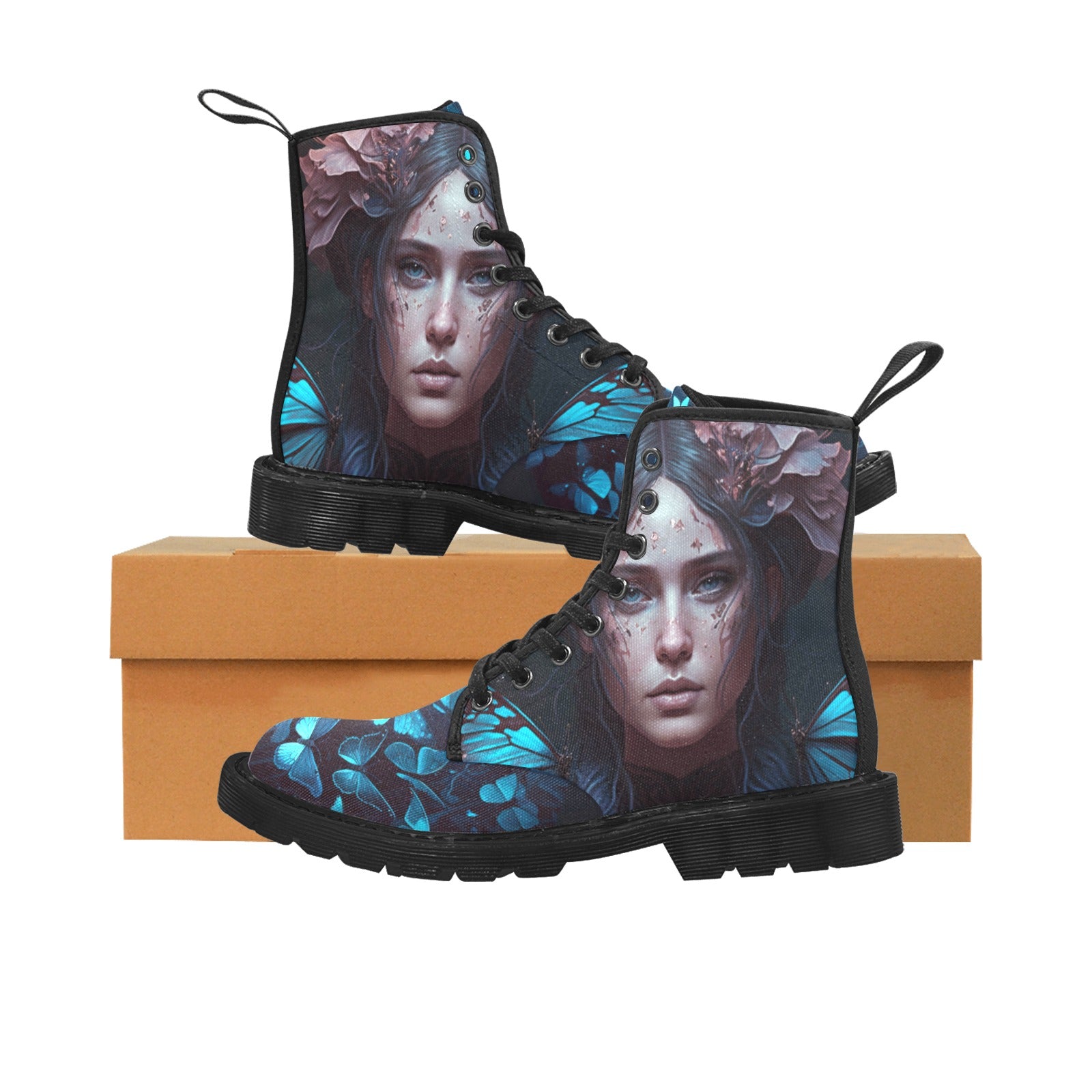 Fairycore Style Blue Butterfly Women's Lace Up Canvas Boots - Cranberry Lake Design Co.  #