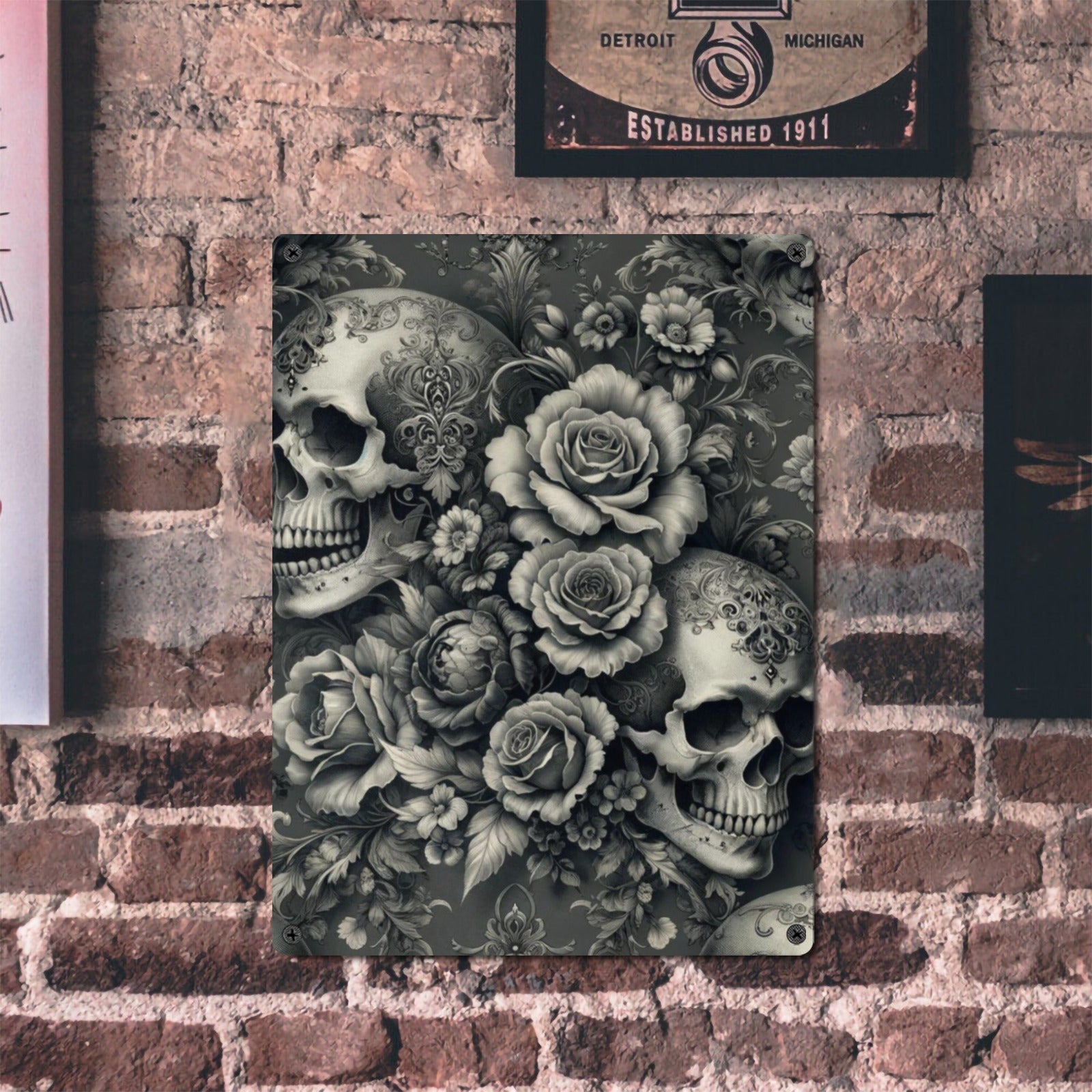 Gray Floral Skull Gothic Home Decor Wall Art Poster Rose Skull Sign Indoor / Outdoor Metal Tin Sign 12"x16"