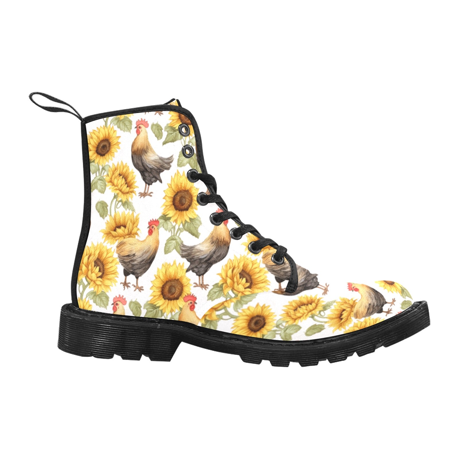 Chicken & Sunflowers Pattern Women's Lace Up Canvas Boots - Cranberry Lake Design Co.  #